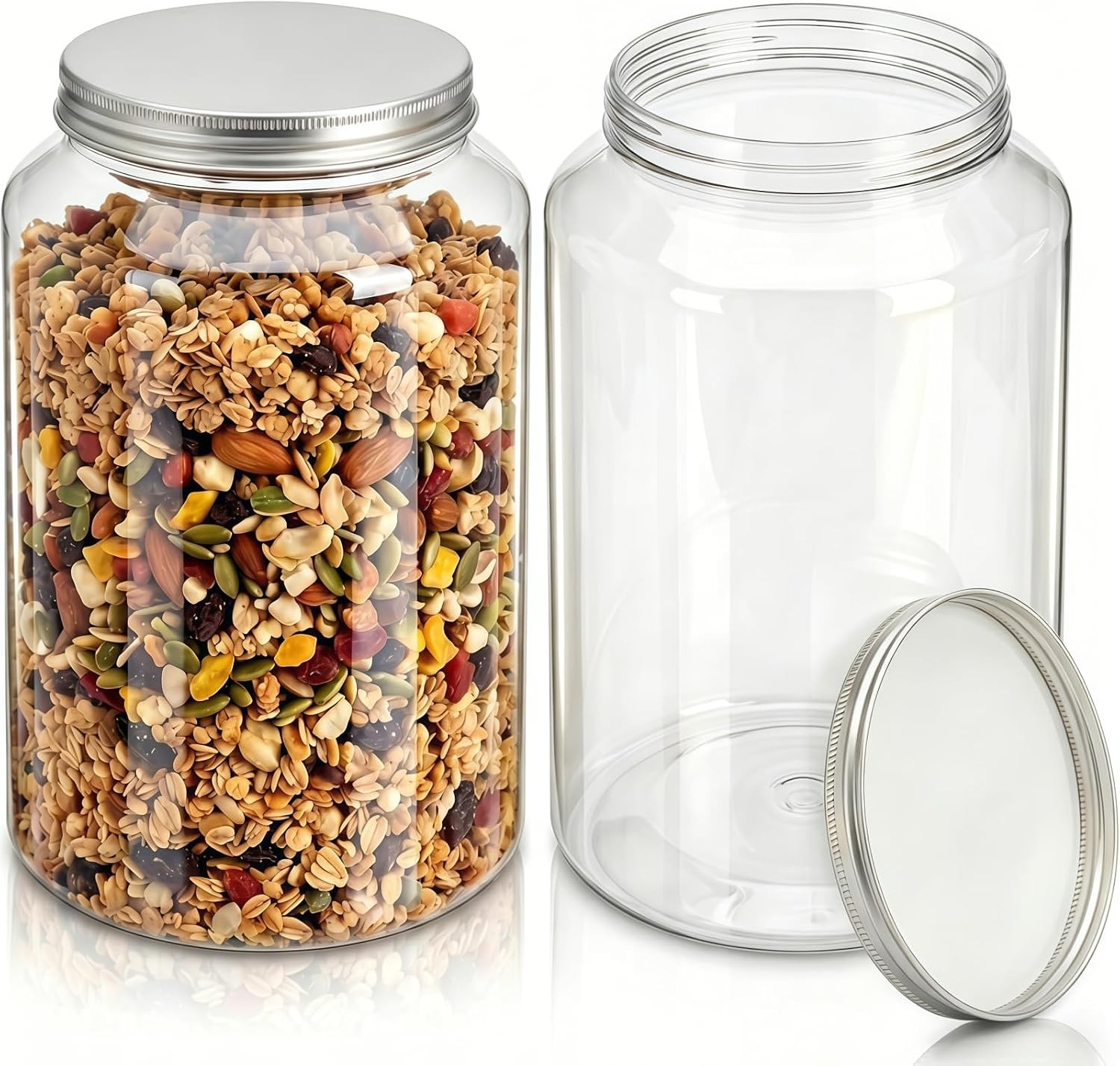 Tlence 2 Pack 1 Gallon Clear Plastic Jars, Large Food Storage Containers with Al