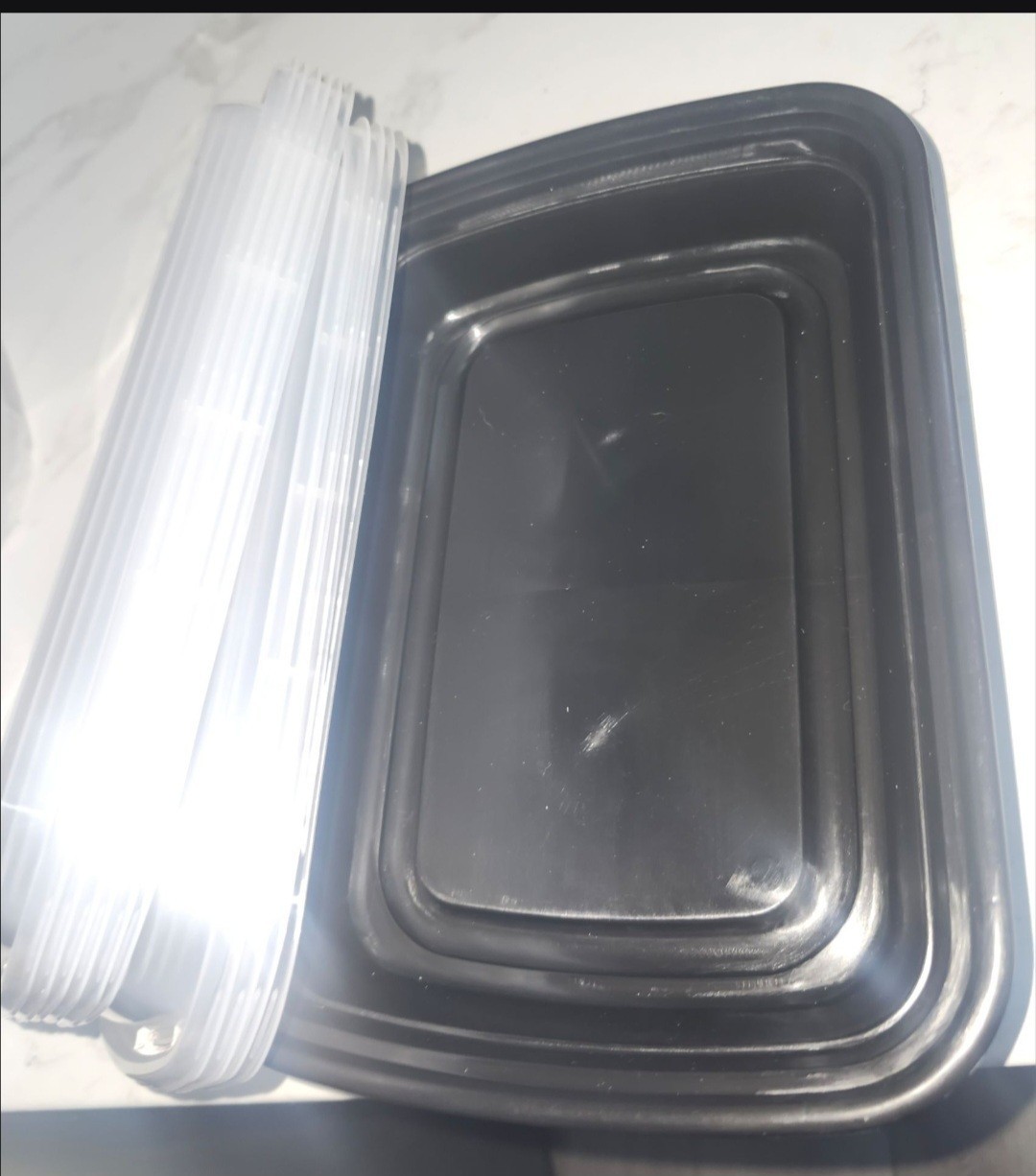 10 Plastic Microwavable Rectangular Black Food Containers with Clear Lids