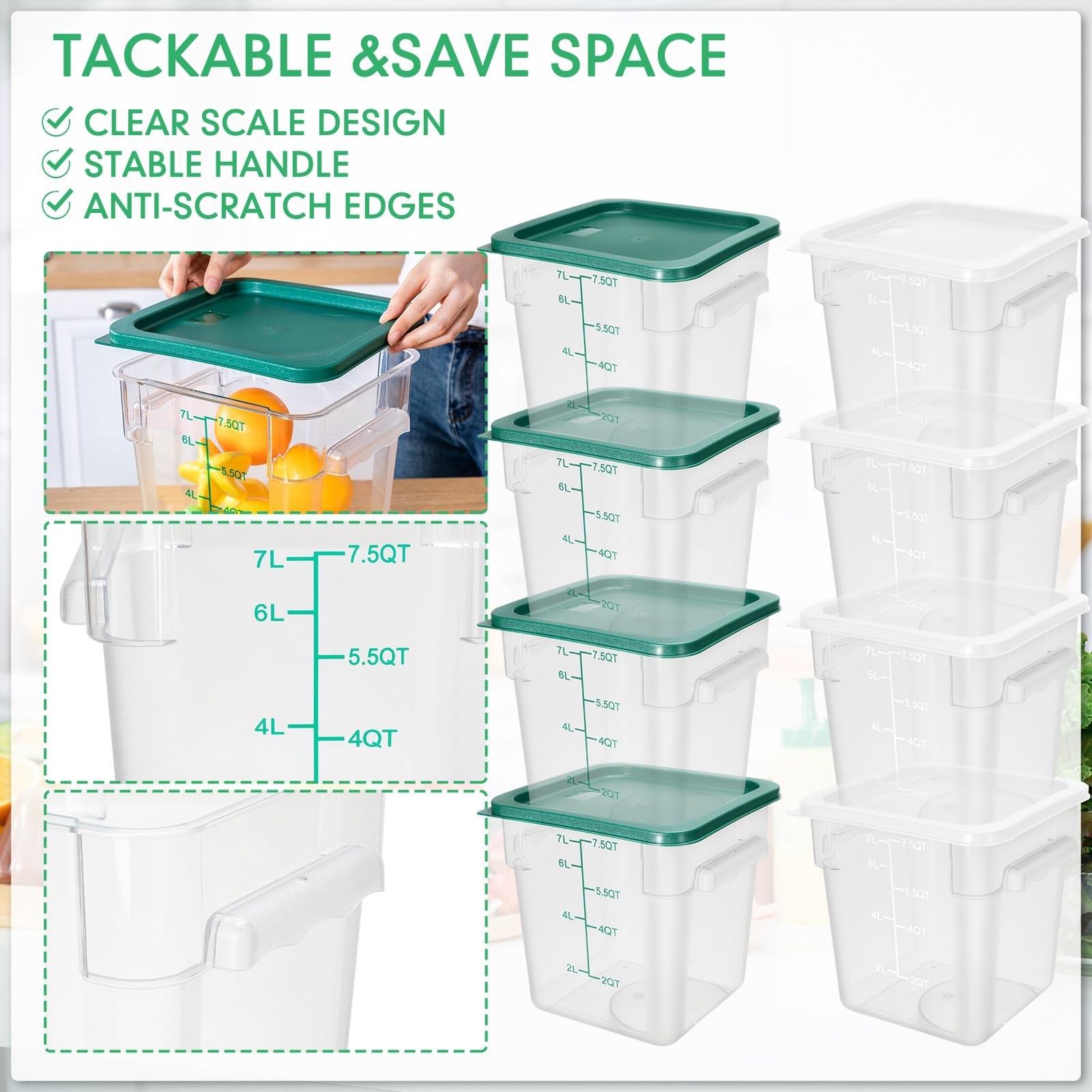 8 Pack 8 Qt Clear Food Storage Container with Handles and Lid Commercial Squa…