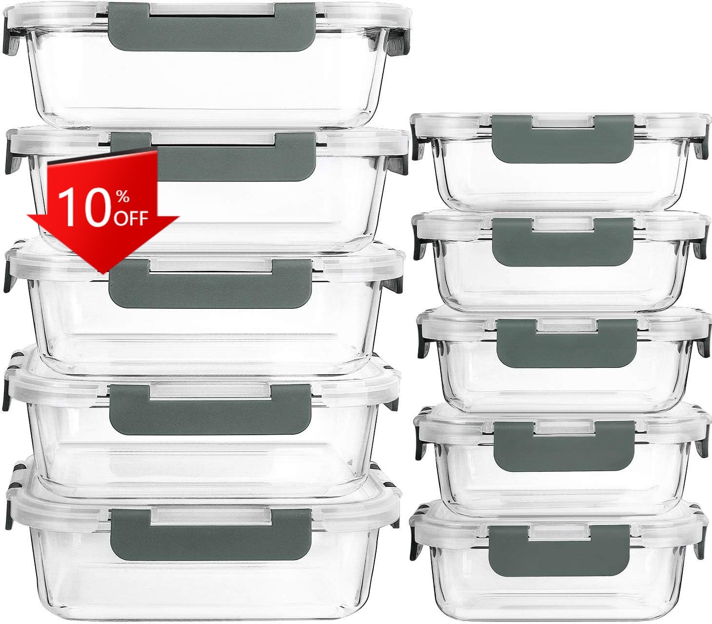 [10-Piece Set] Glass Meal Prep Containers with Lids