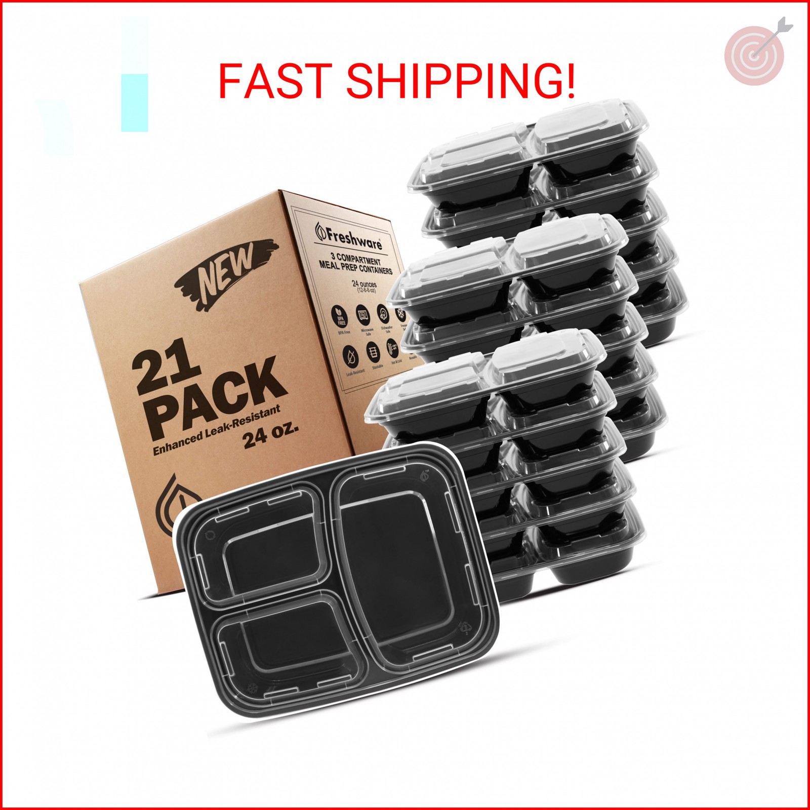Freshware Meal Prep Containers [21 Pack] 3 Compartment with Lids, Food Storage C