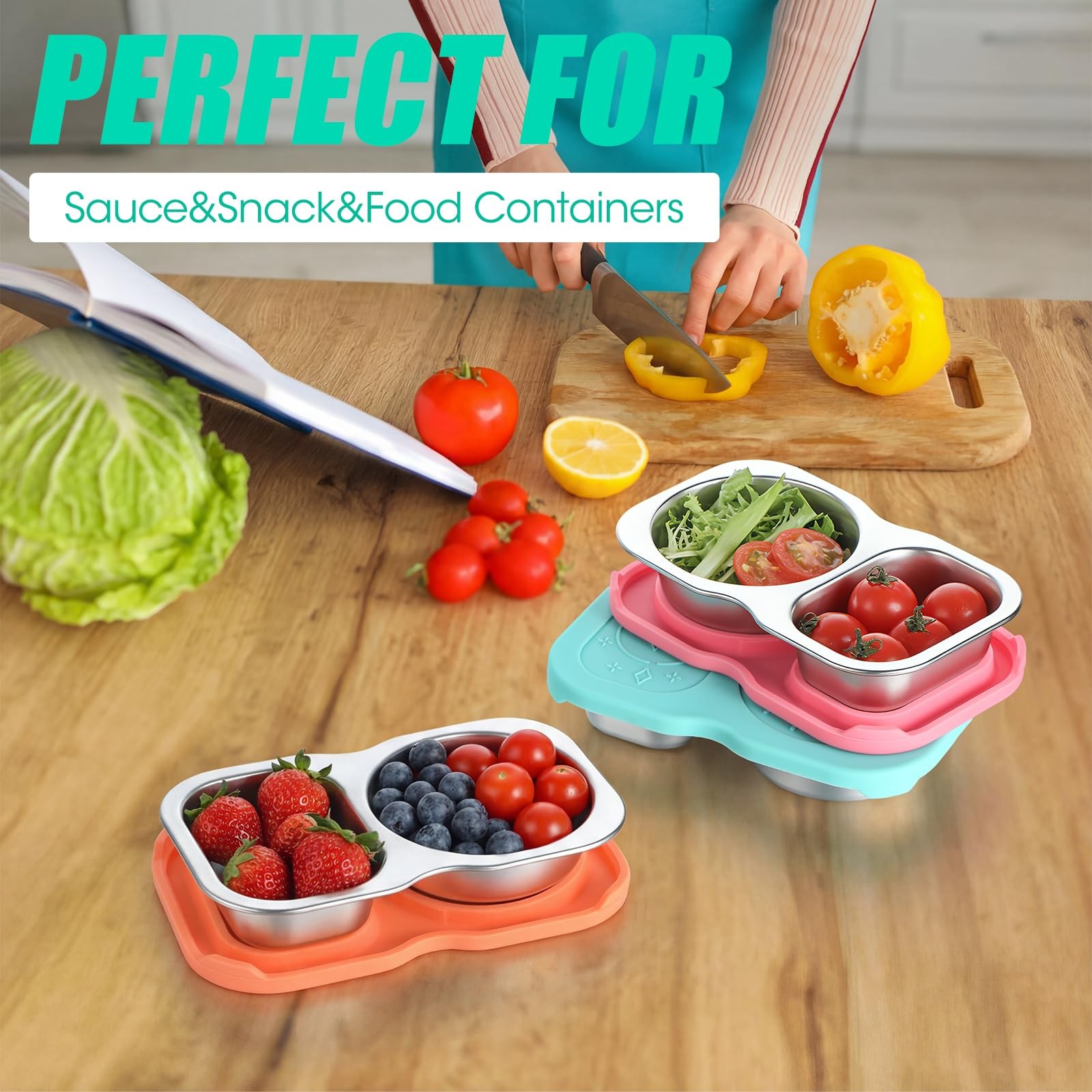 6 Pack Stainless Steel Snack Containers with Lid 5 oz 2 Compartment Condiment…