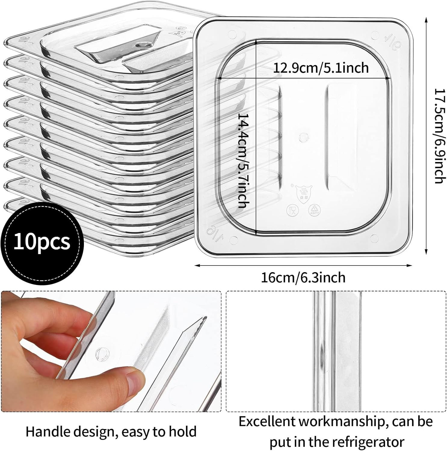 10 Pack 1/6 Size Clear Food Pan Lids Polycarbonate Universal Handled Food Pan Li