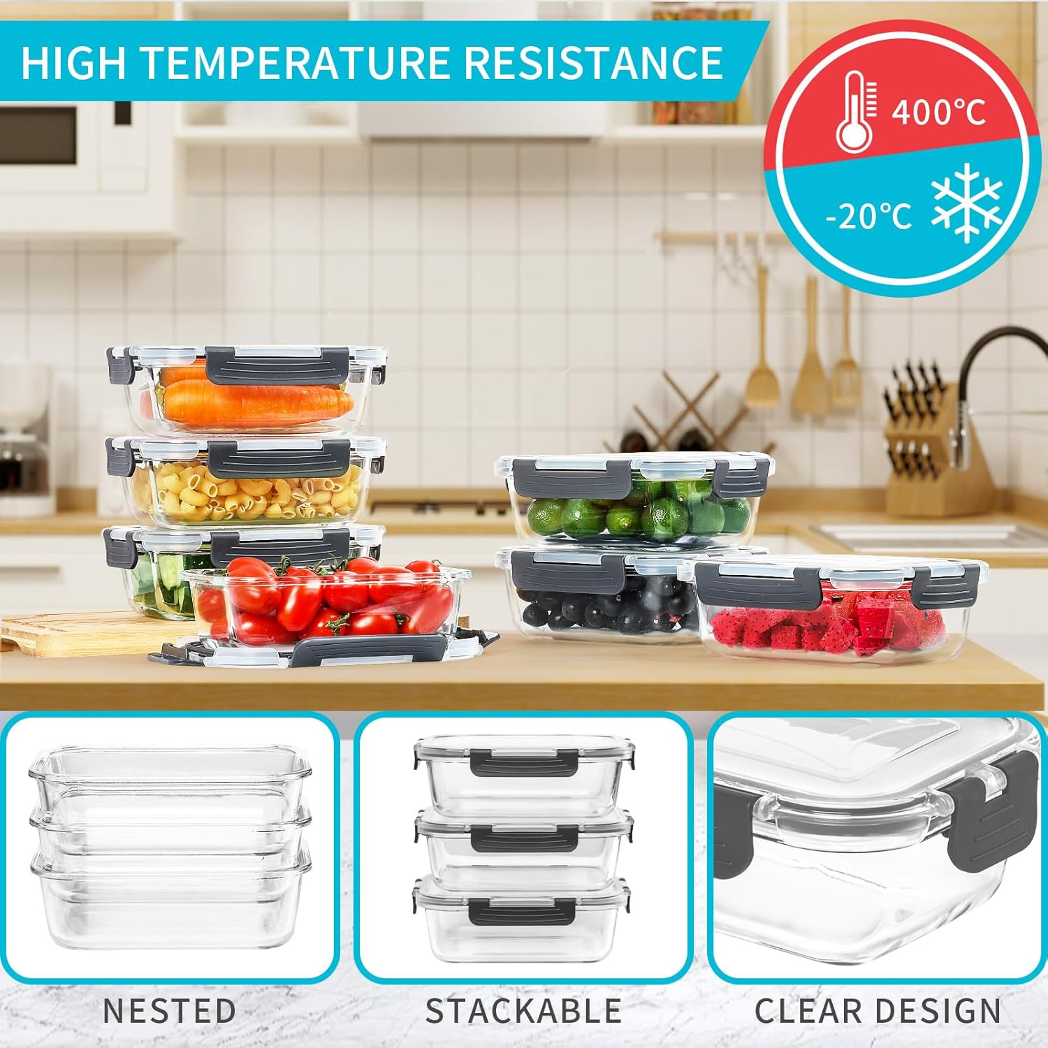 Skroam 10 Pack Glass Meal Prep Containers, 22 OZ Glass Airtight Food Storage Con