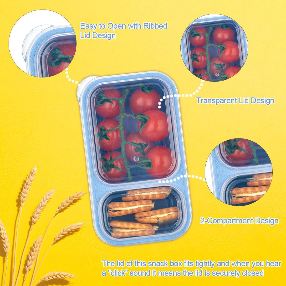 3PCS Reusable Snack Containers with Lids 2 Compartment Wheat Straw Meal Prep