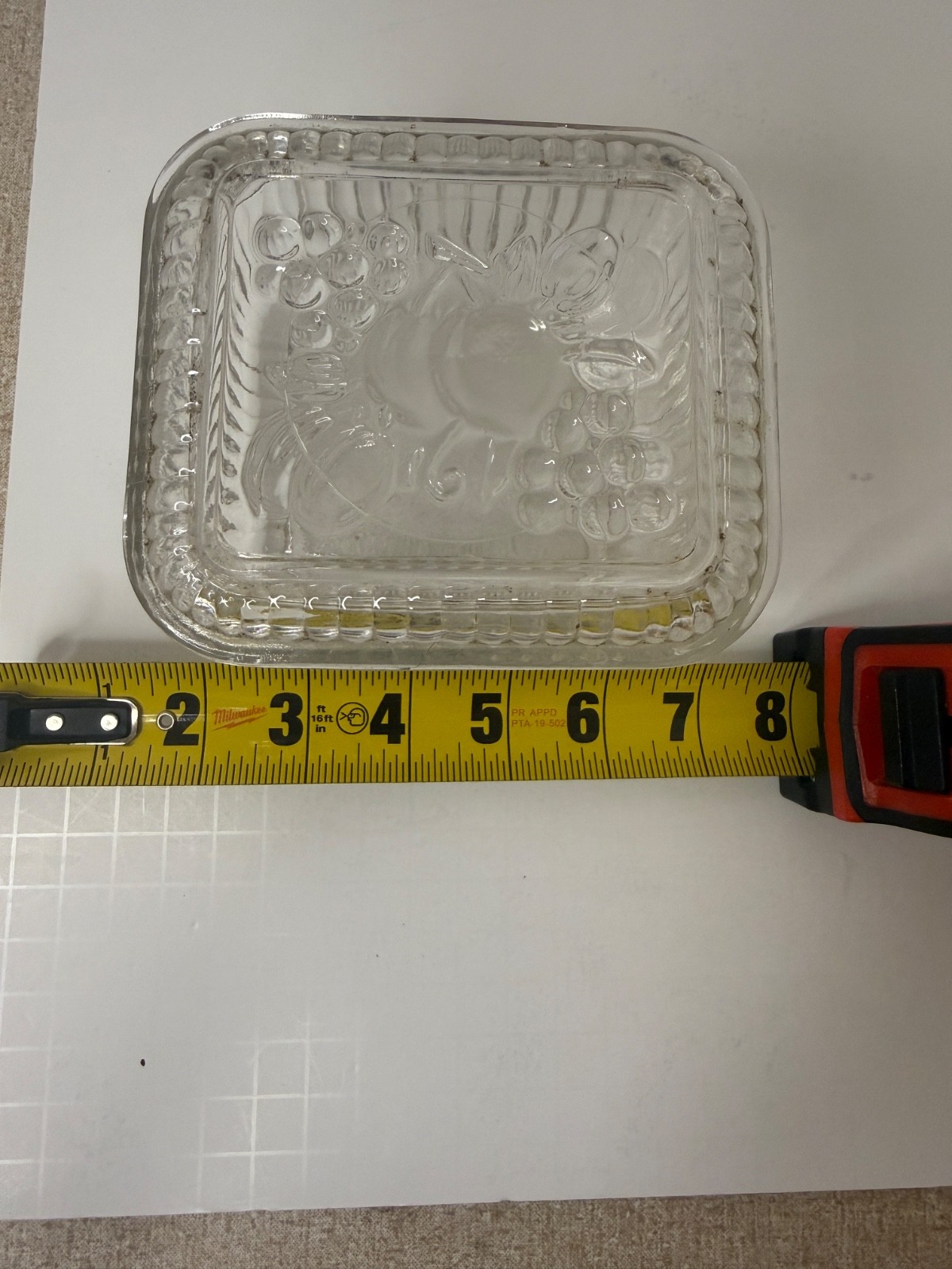 Vintage Federal Glass clear refrigerator dish features an embossed Fruit lid