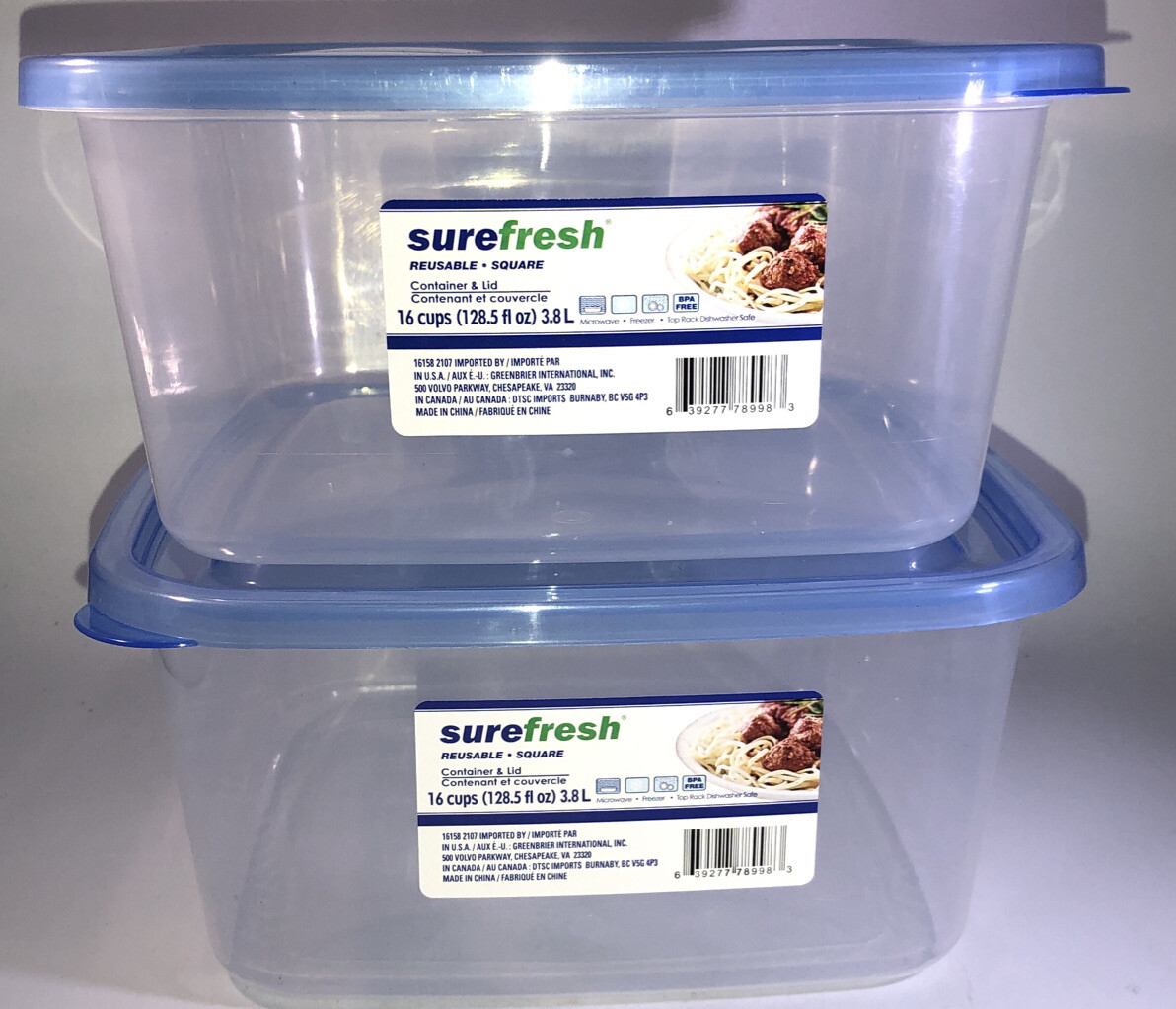 2ea 16 Cup/128 oz ea Sure Fresh Dry/Cold/Freezer Food Storage Containers W Lids