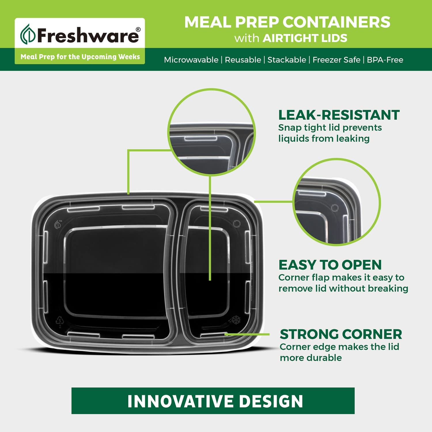 Freshware Meal Prep Containers [15 Pack] 2 Compartment One Size, 28OZ_15PK