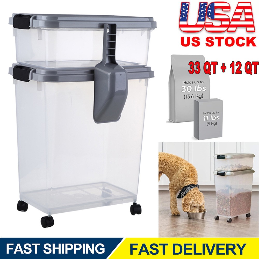 Airtight Pet Food Storage Container Combo with Scoop Removable Wheels, 33QT+12QT