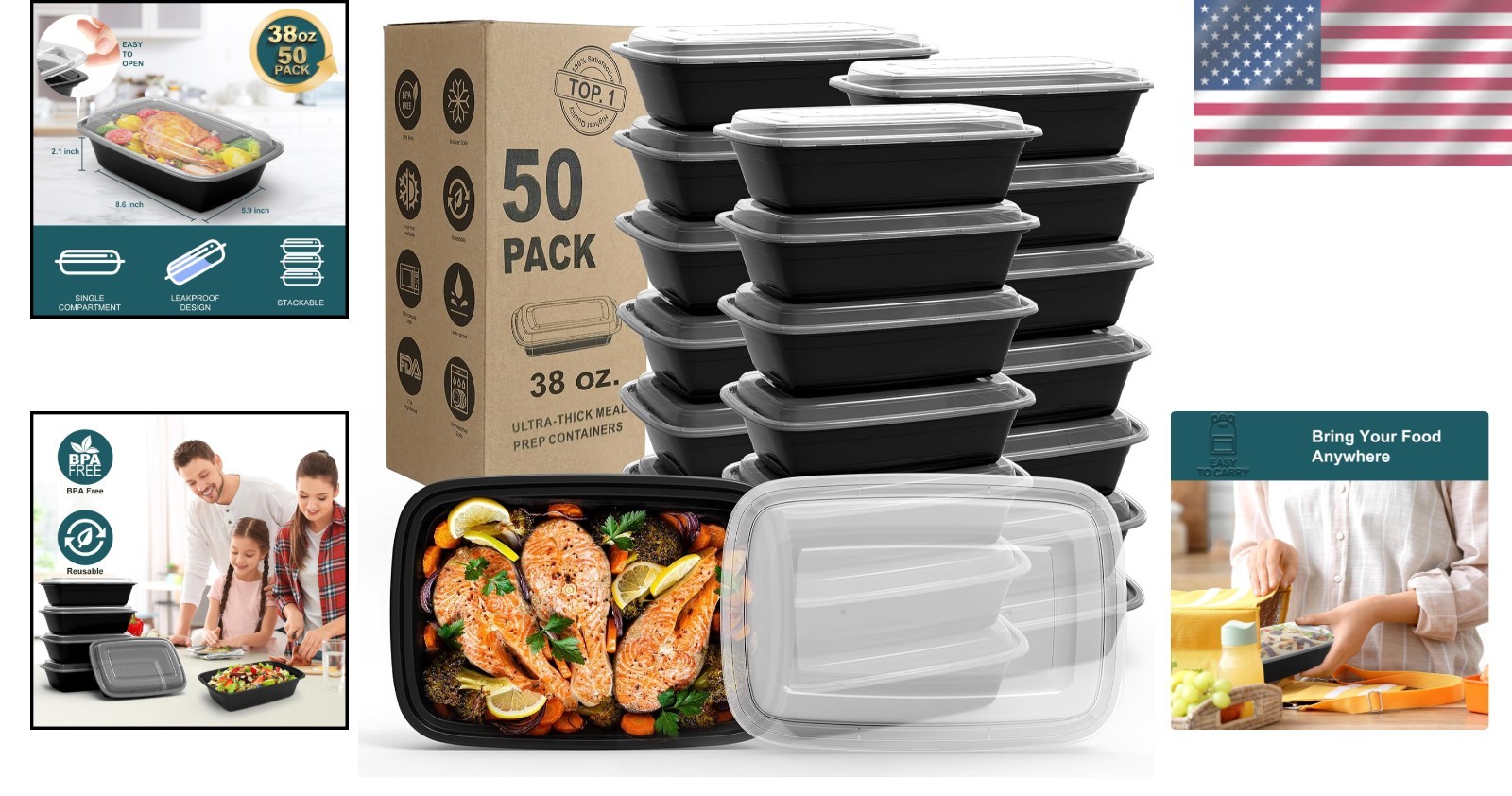 Durable 38oz Meal Prep Containers – 50 Pack Freezer/Microwave Safe & Reusable