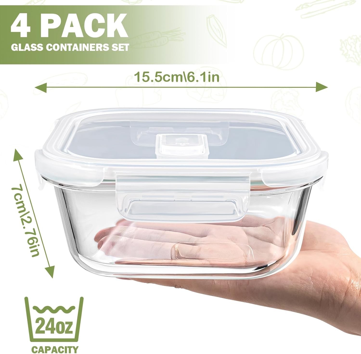 Square Glass Containers with Lids 3 Cup/24 oz, 4 Pack