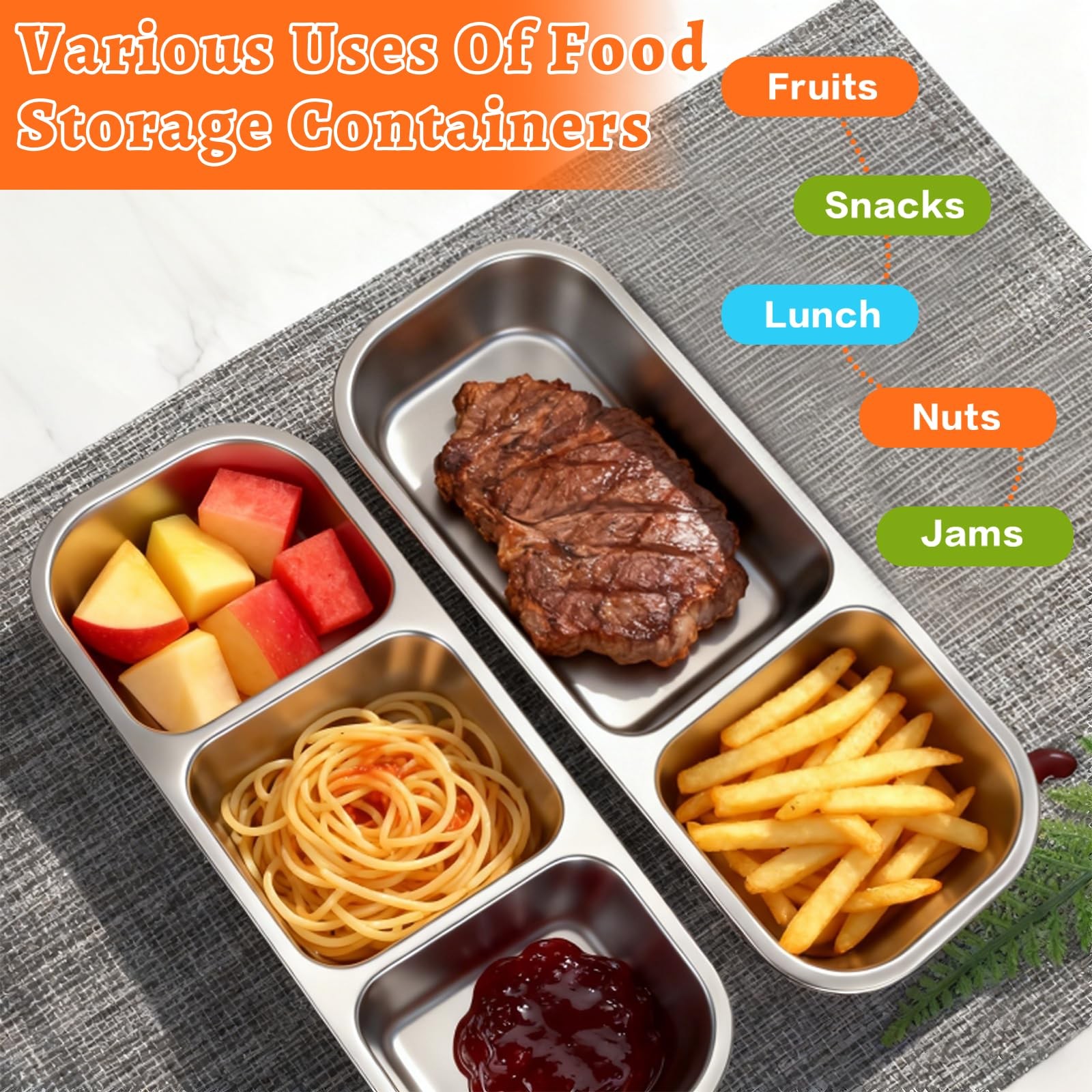 4 Pack Stainless Steel Snack Containers with Lids, 3-Compartments Reusable Lu…