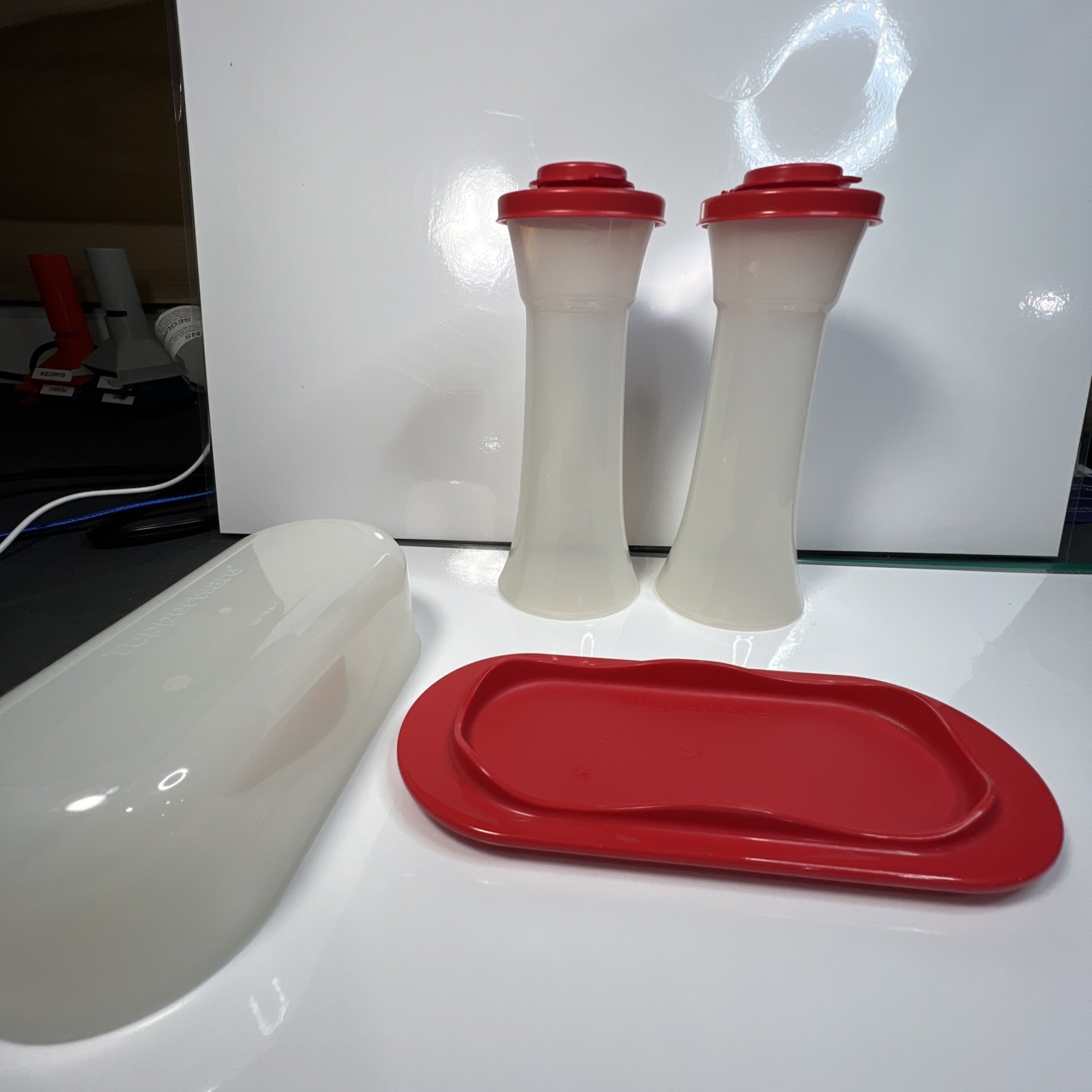 TUPPERWARE salt and pepper shakers & butter dish Red Frosted White