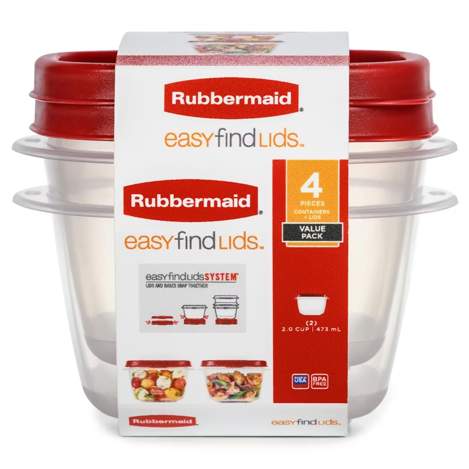 Rubbermaid Easy Find Lids Food Storage Containers, 2 Cup, Racer 2 Red