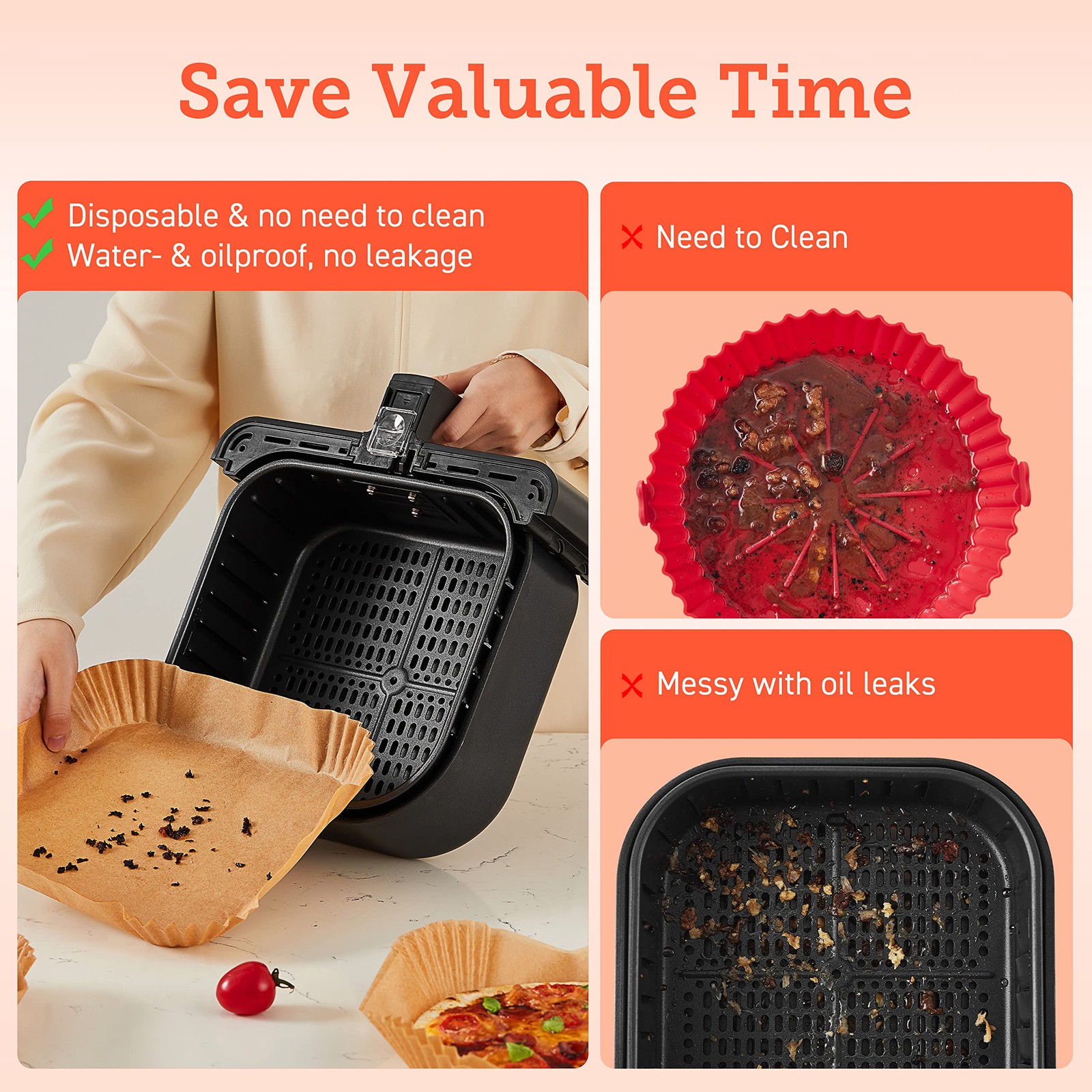 COSORI Air Fryer Liners, 100 PCS Square Disposable Paper 5QT or Above, Wood