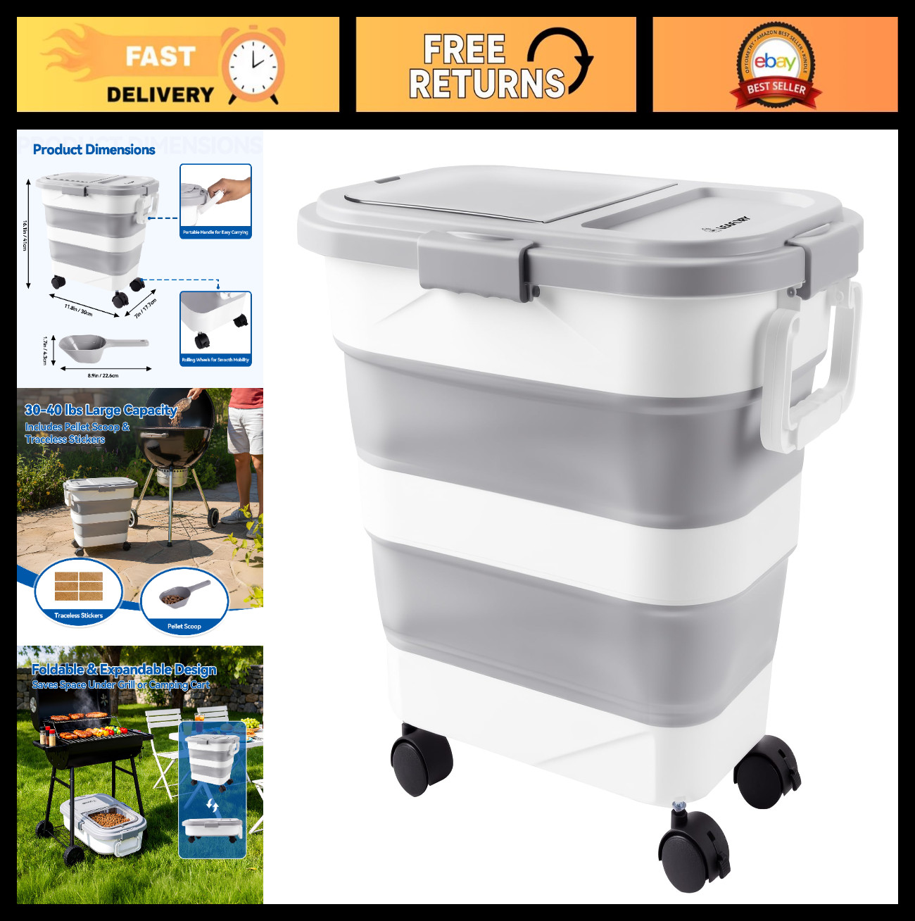 Airtight Wood Pellet Storage Bin 30-40LB, Collapsible Bucket with Wheels & Scoop