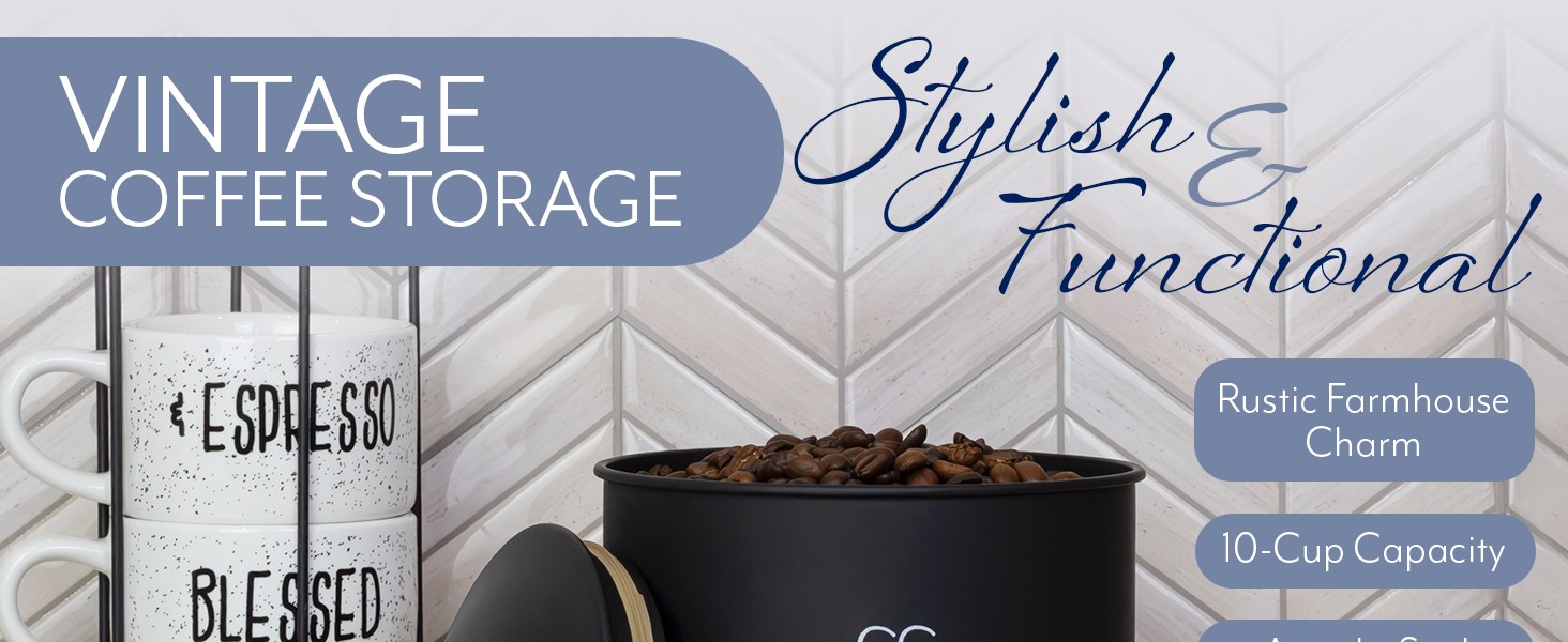 Enamelware Black Coffee Canister; Modern Farmhouse Style Coffee Storage for