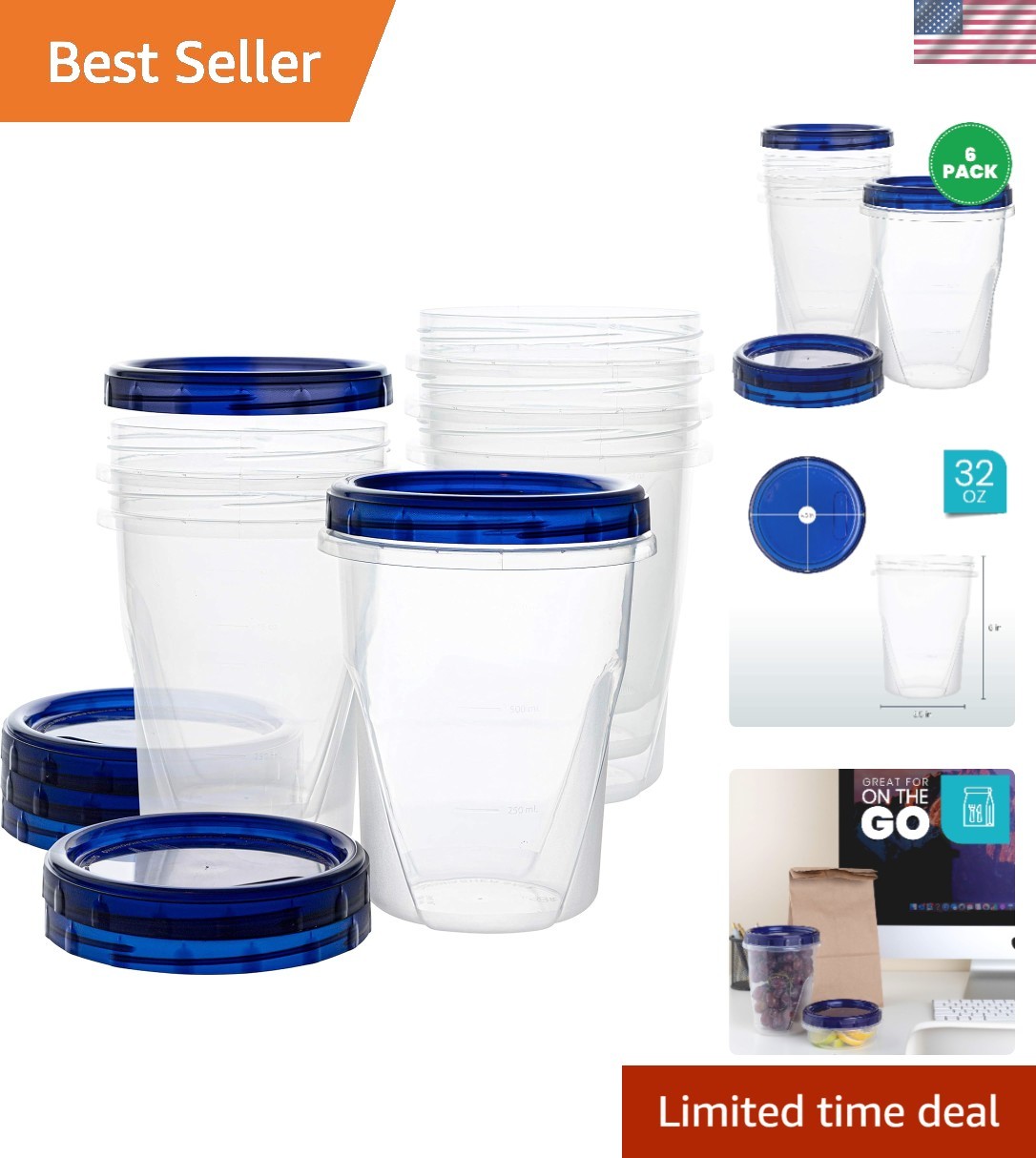 Reusable 32 oz Stackable Deli Containers with Blue Twist-on Lids – 6 Pack