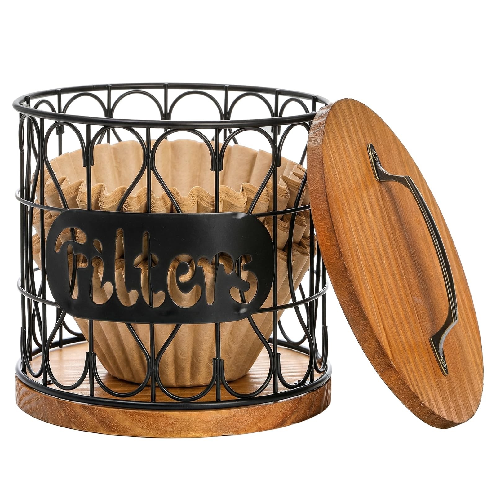 Frcctre Coffee Filter Holder with Wood Lid, Large Capacity Brown