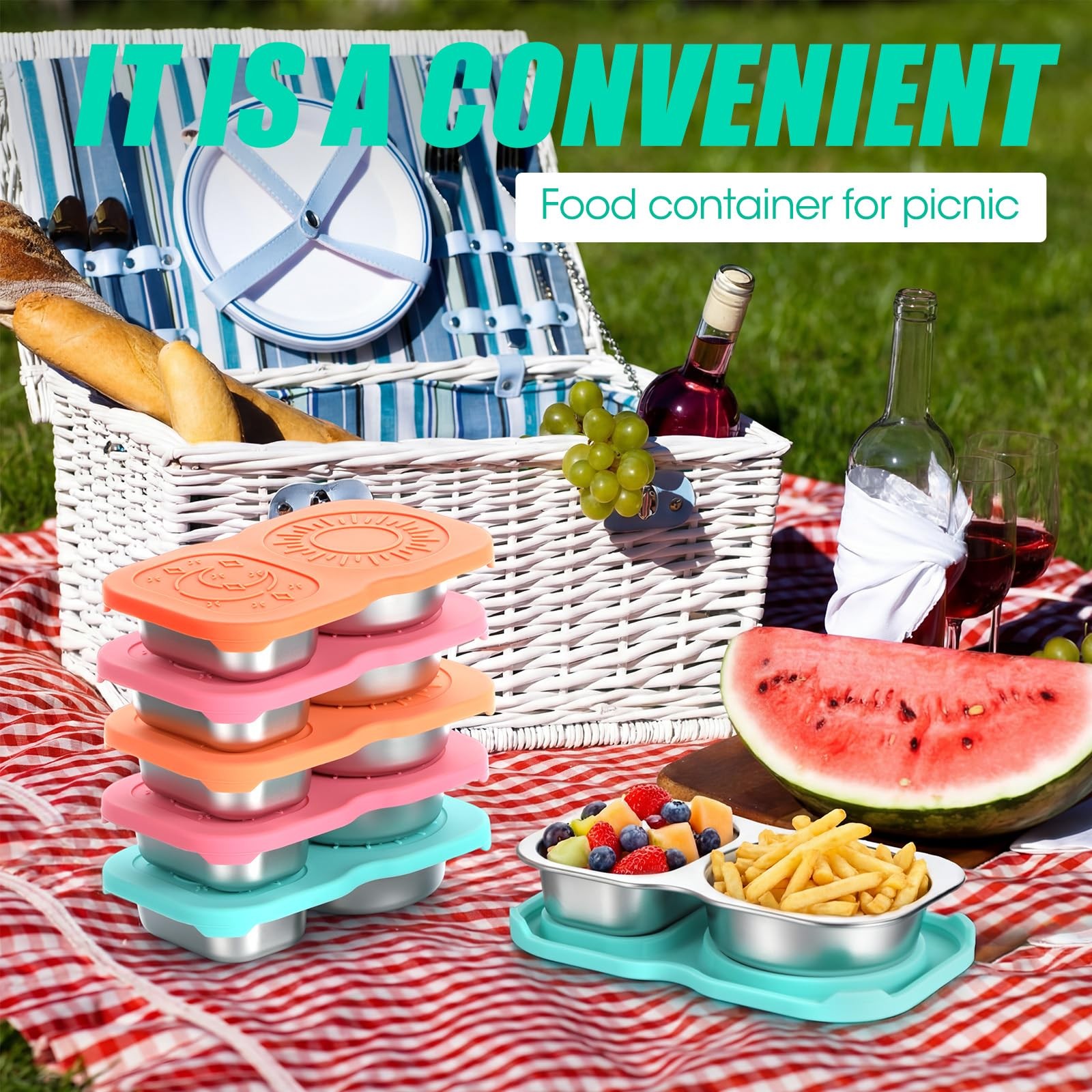 6 Pack Stainless Steel Snack Containers with Lid 5 oz 2 Compartment Condiment…