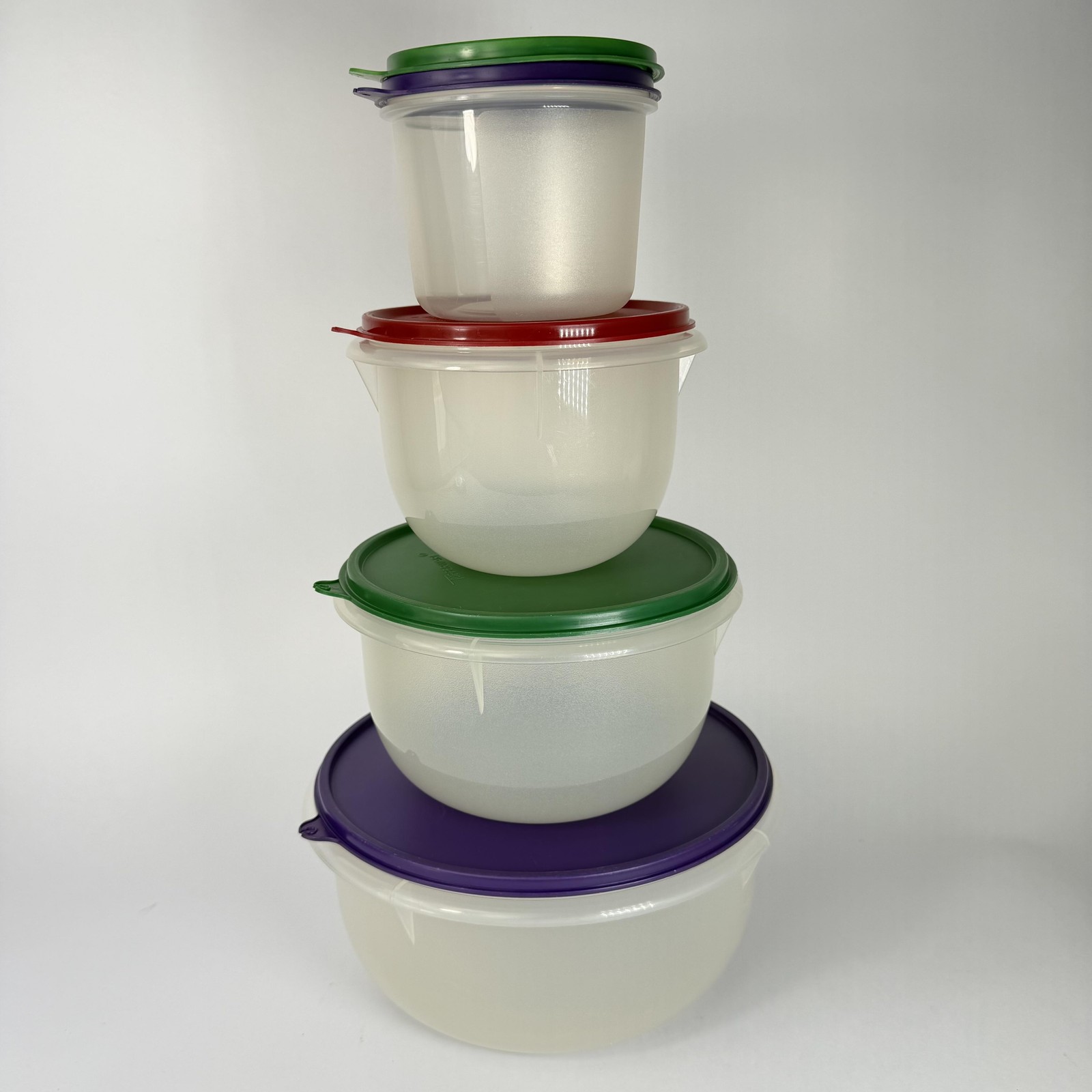 Vintage Tupperware Plastic Bowl Set Clear 4 Piece Nesting Multicolor Made USA
