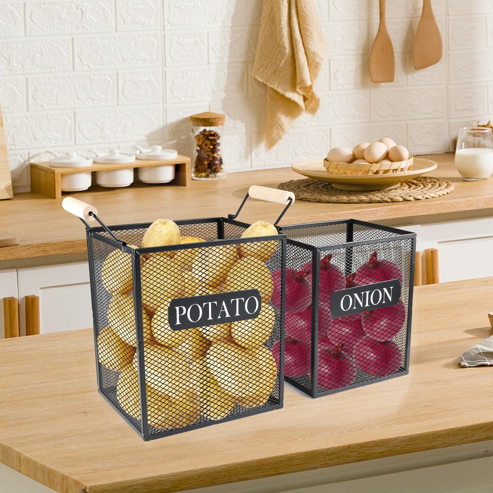 Set of 2 Potato and Onion Storage Bin, Metal Mesh Onion and Potato Baskets wi…