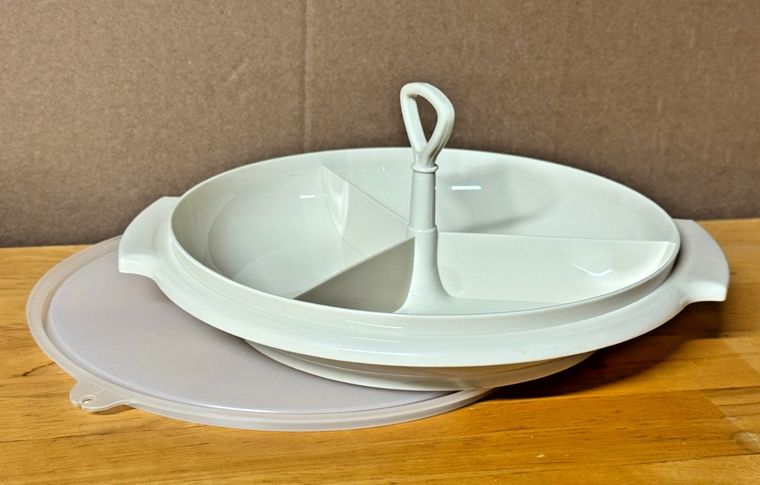 Vintage Tupperware Suzette Divided Party Relish Condiment Tray 608-17 Almond 3pc