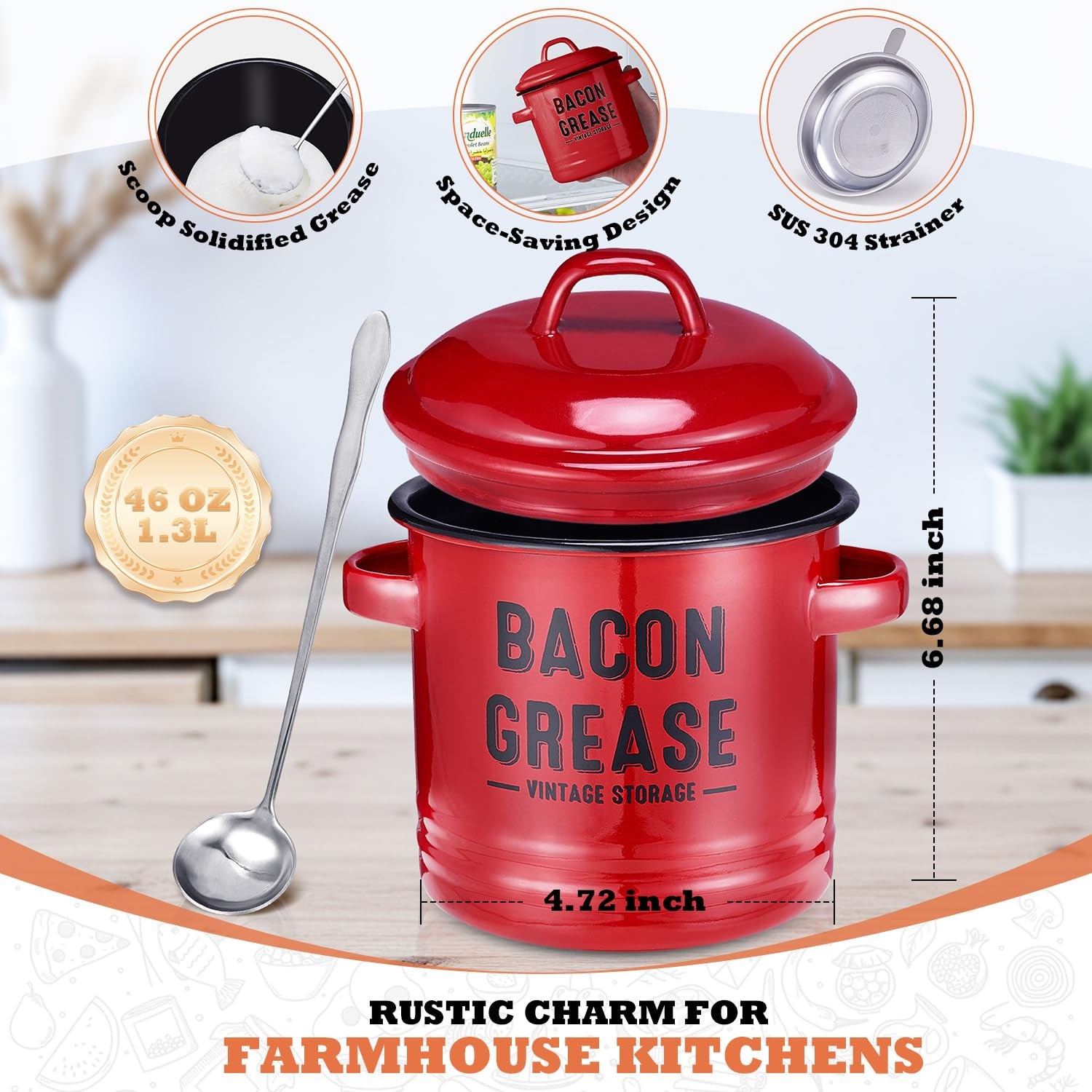 Bacon Grease Container with Strainer – Large 46OZ Red Kitchen Oil Storage Can…