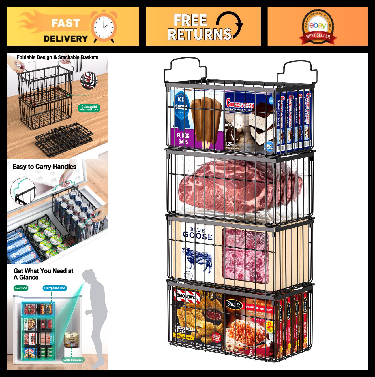 Stackable Freezer Organizer Bins 4-Pack – Deep Storage Baskets with Handles for