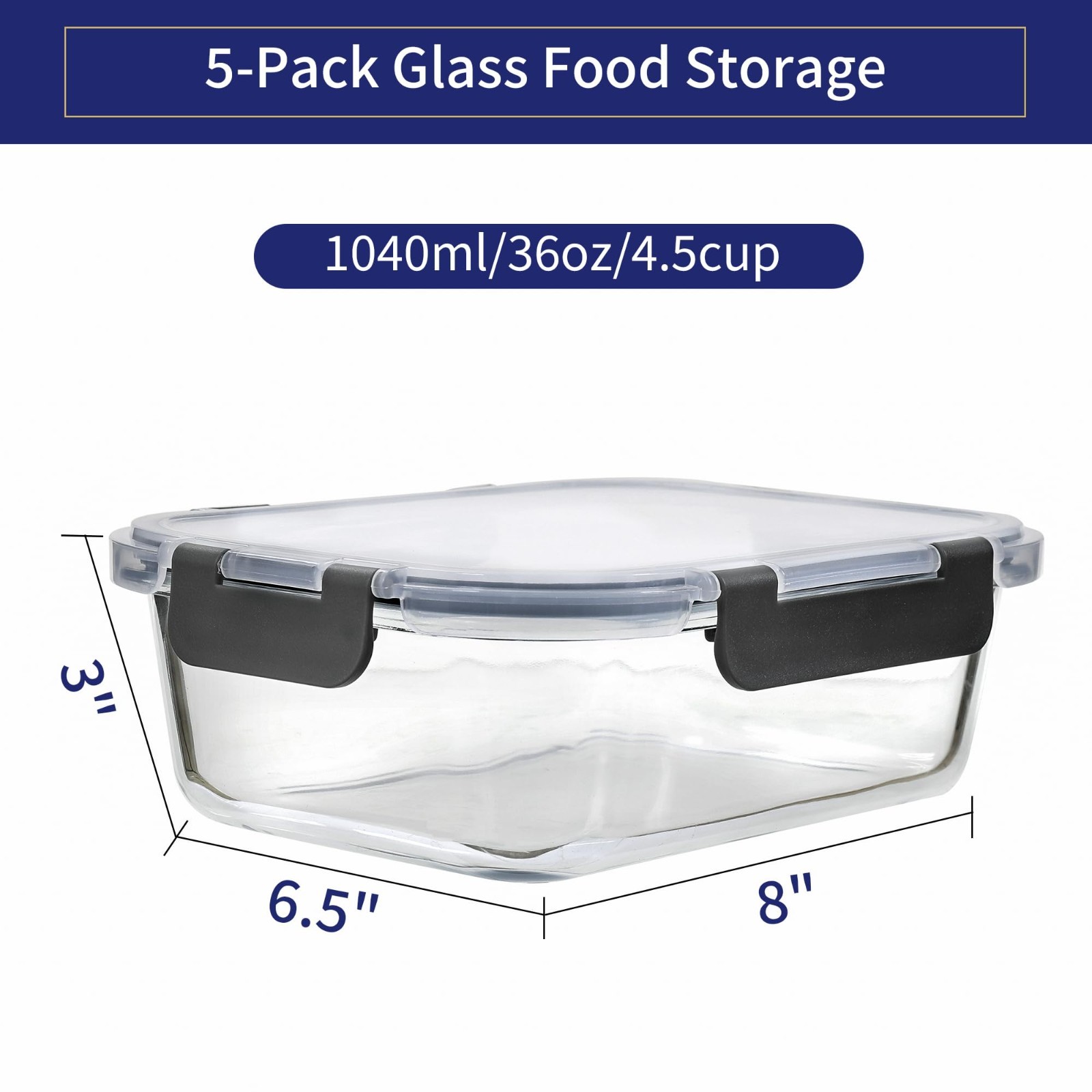 5-Pack 36 OZ Glass Storage Containers with Lids, Glass Meal Prep Containers Set,