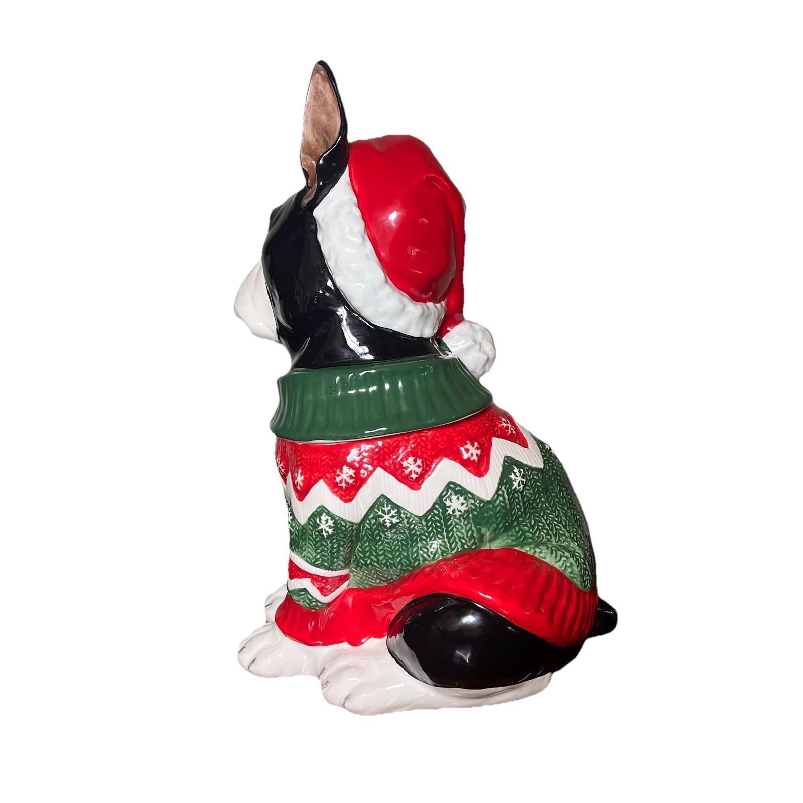 Blue Sky Clay Works Boston Terrier Christmas Cookie Jar Santa Hat Sweater 13.5”
