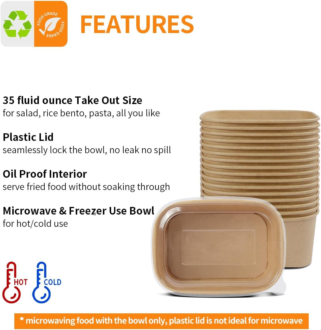 50 Pack 35 Oz Paper Food Containers with Lids, Paper Meal Prep Containers Microw