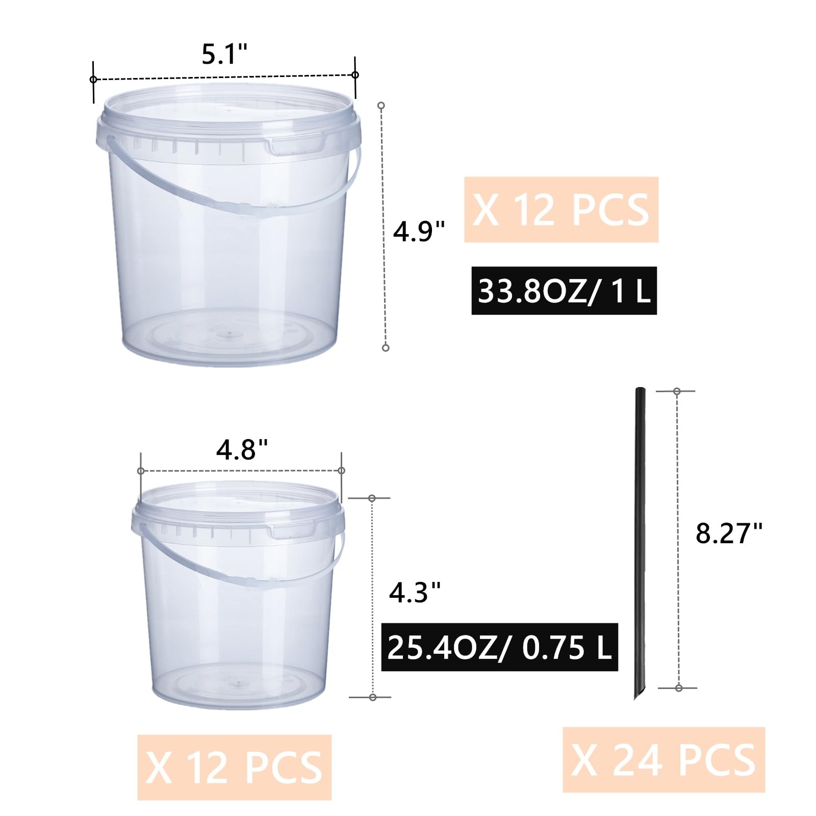24 Pack Ice Cream Bucket with Lids and Handles, 25OZ/ 33OZ Clear Plastic Rum …