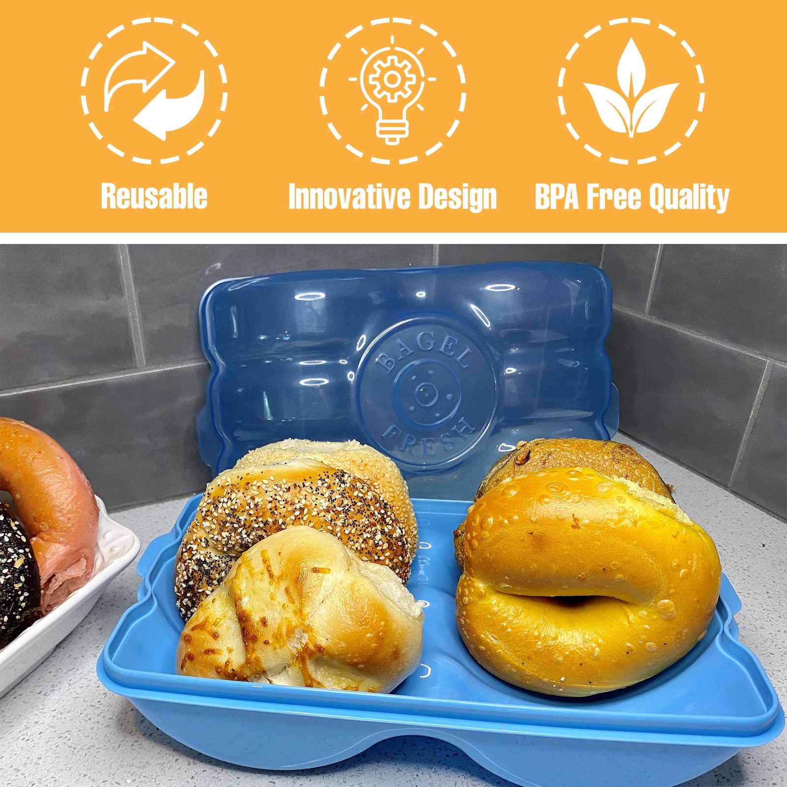 Touch Up Cup Bagel Fresh Holder Container Bread Storage 13×5 inches, Blue