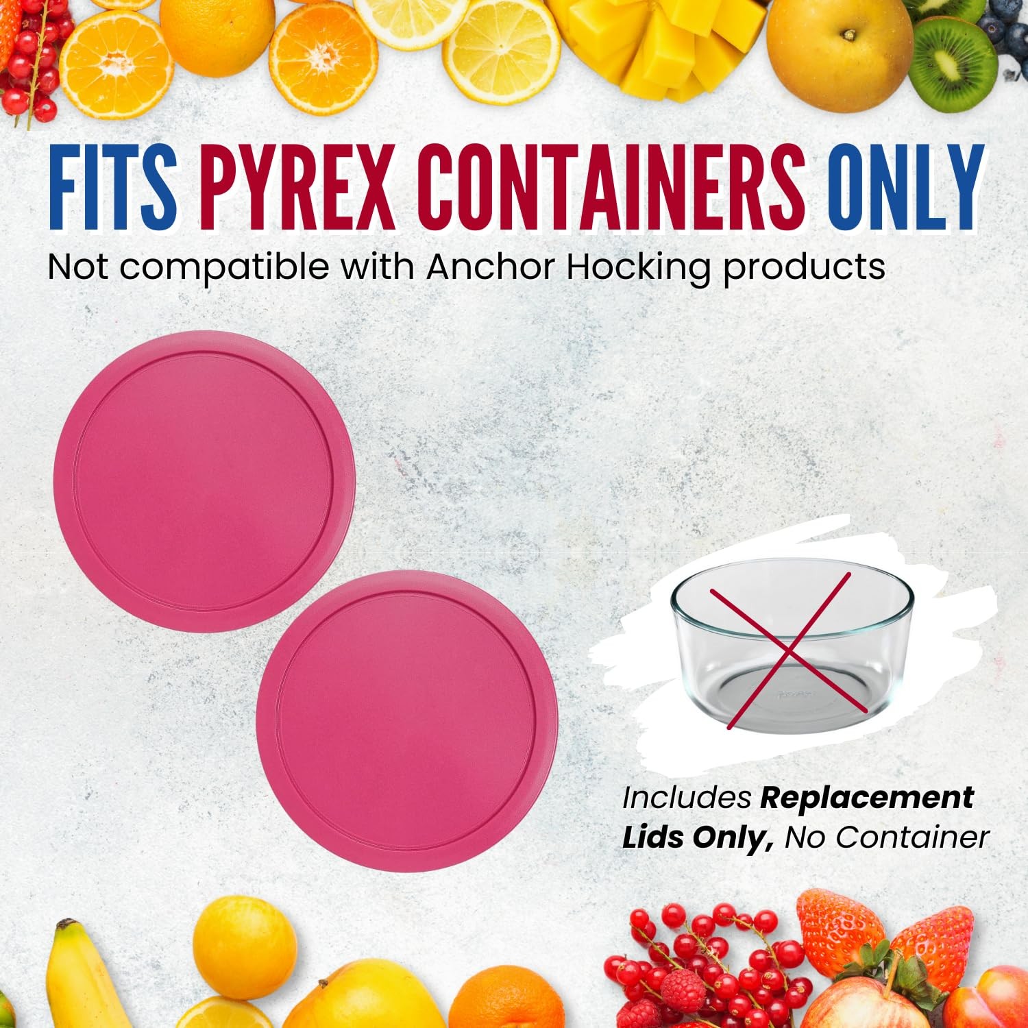 Replacement Lids fits Pyrex 2-Cup Round Glass Cover for 7200-PC Fuscia 2 Pack