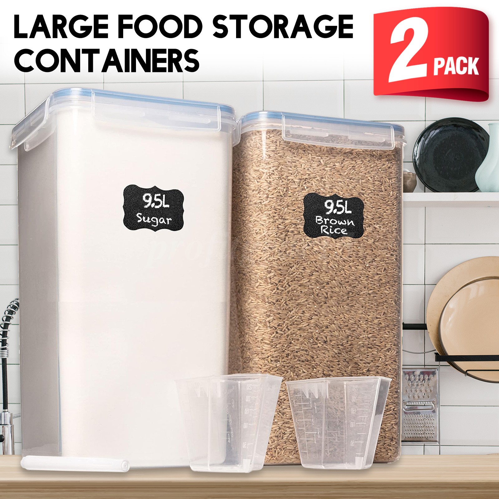 2 Pcs Flour&Grain Storage Containers,9.5L Airtight Food Storage Canisters w/Lids