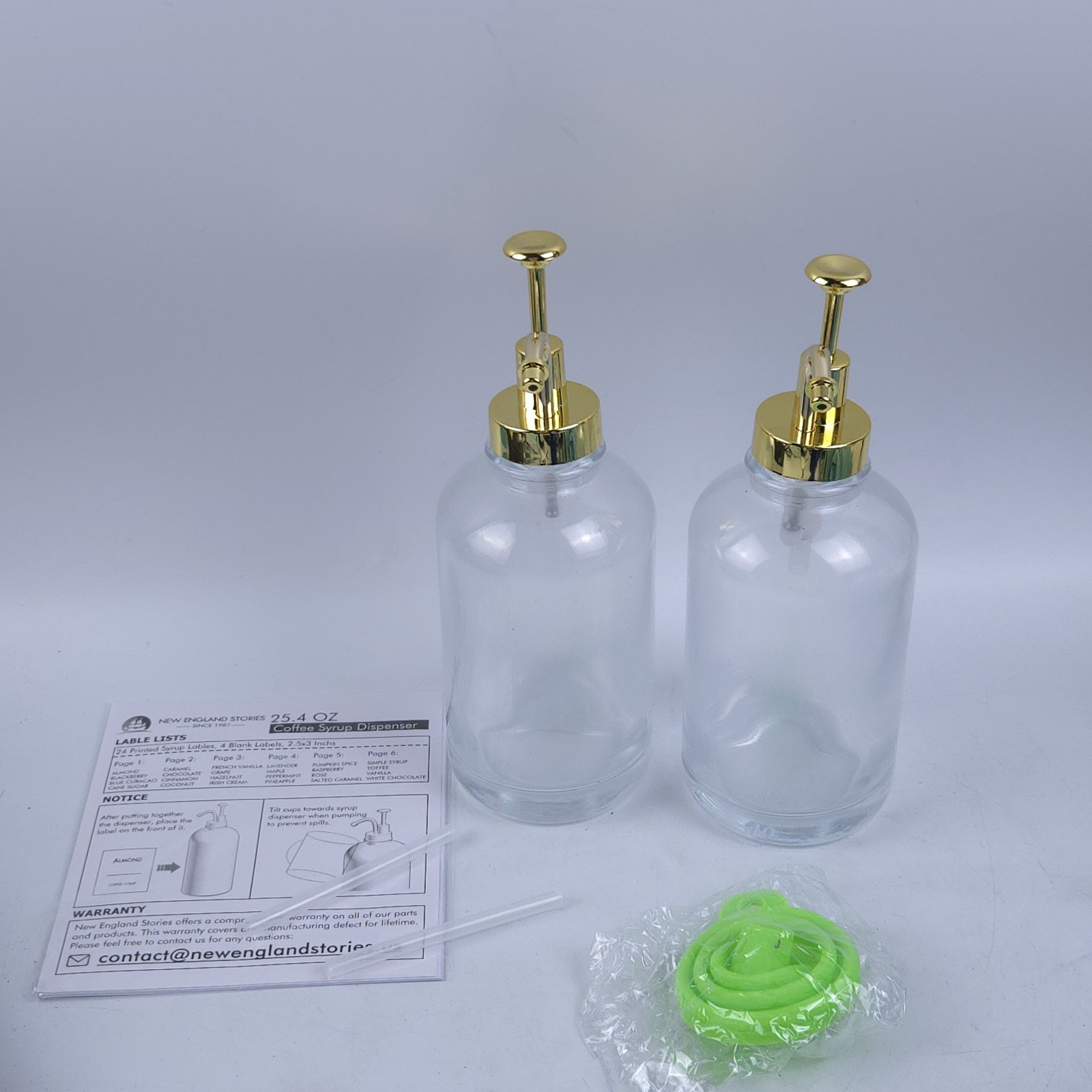 2x 16.9oz Coffee Syrup Dispenser Set – Glass Bottles with Gold Pumps