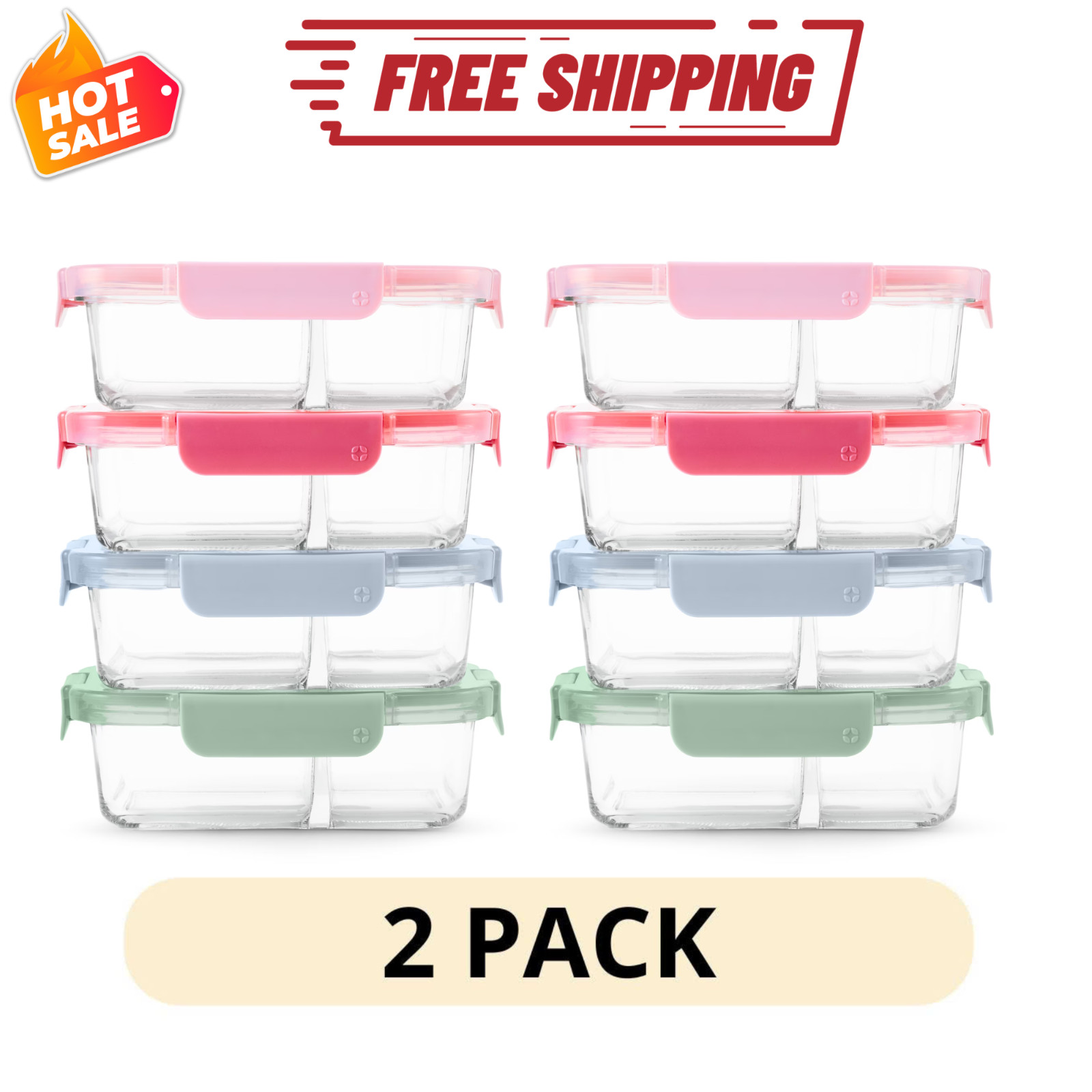 2 Pack Ello Color Lock Glass Meal Prep Set 8Pc Food Storage