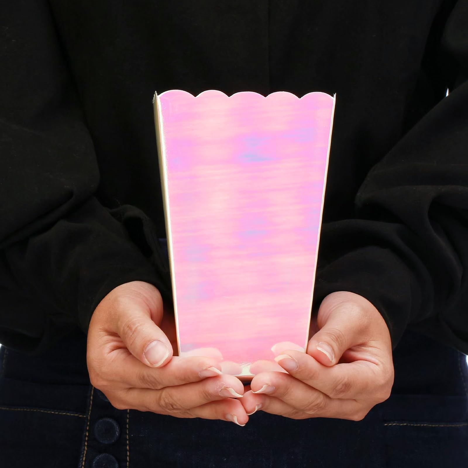 Pink Iridescent Disposable Popcorn Boxes 6.3 Inches Tall Holographic Party De…