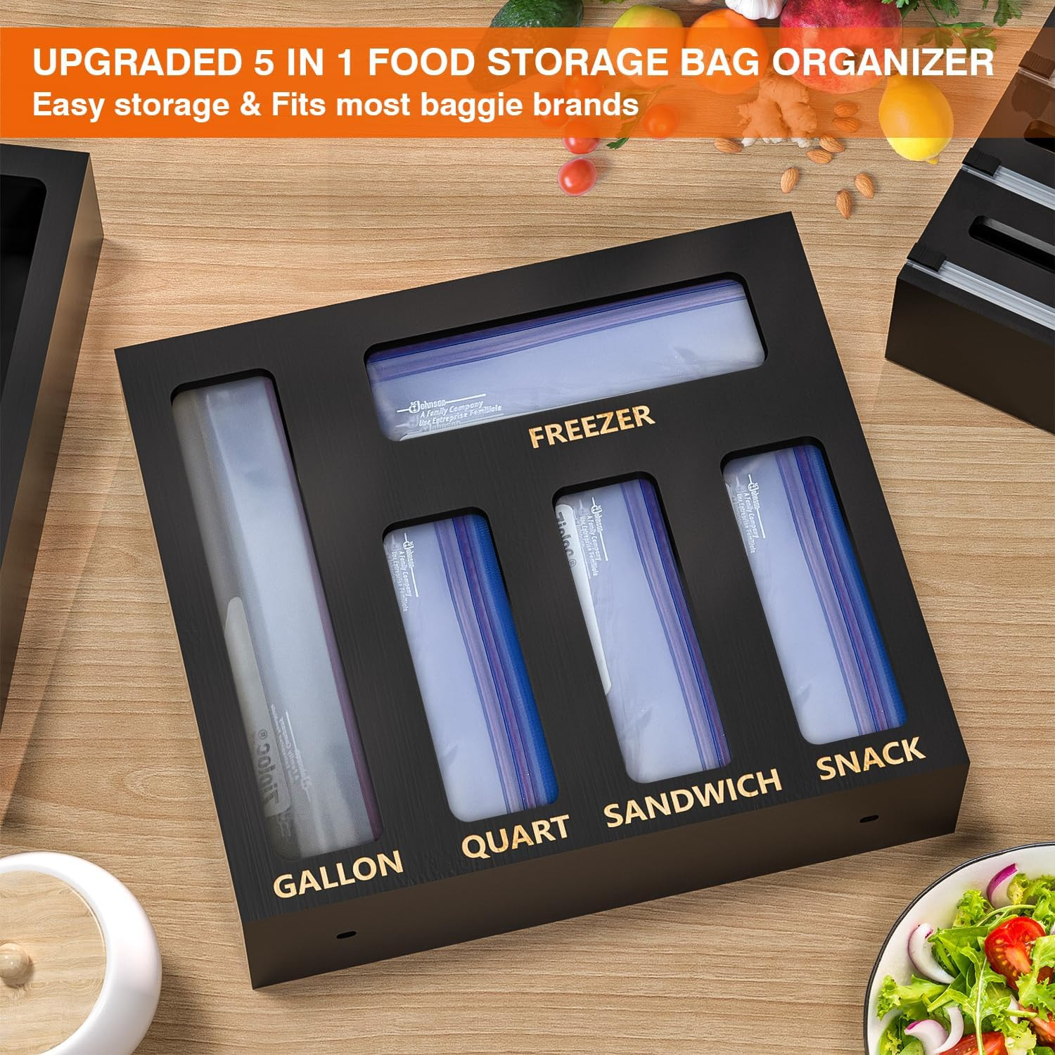 DALSHABET 9 IN1 Bamboo Storage Bag Drawer Organizer with Cutter, Foil and Plasti