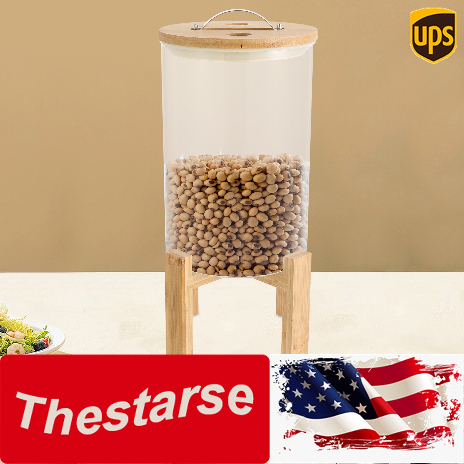 8L Glass+Wood Rice Storage Free Standing Container With Lid& Stand 20*30cm NEW