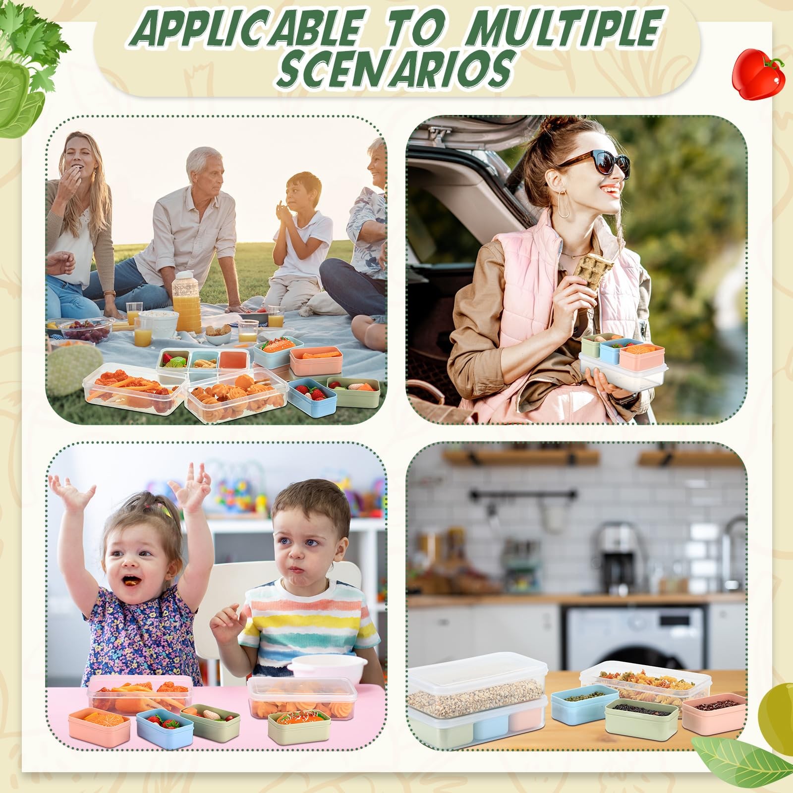 SiliFine 4 Set Snack Containers with 3 Removable Compartments Reusable clear