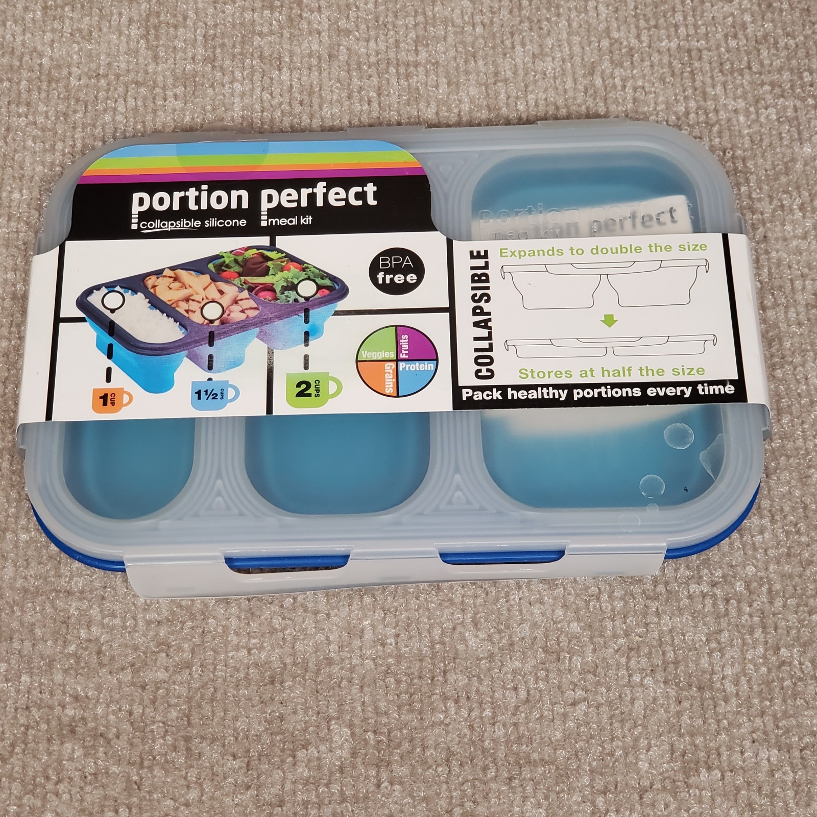 Portion Perfect Collapsible Meal Kit Teal&blue Silicone 3 Section- New BPA Free