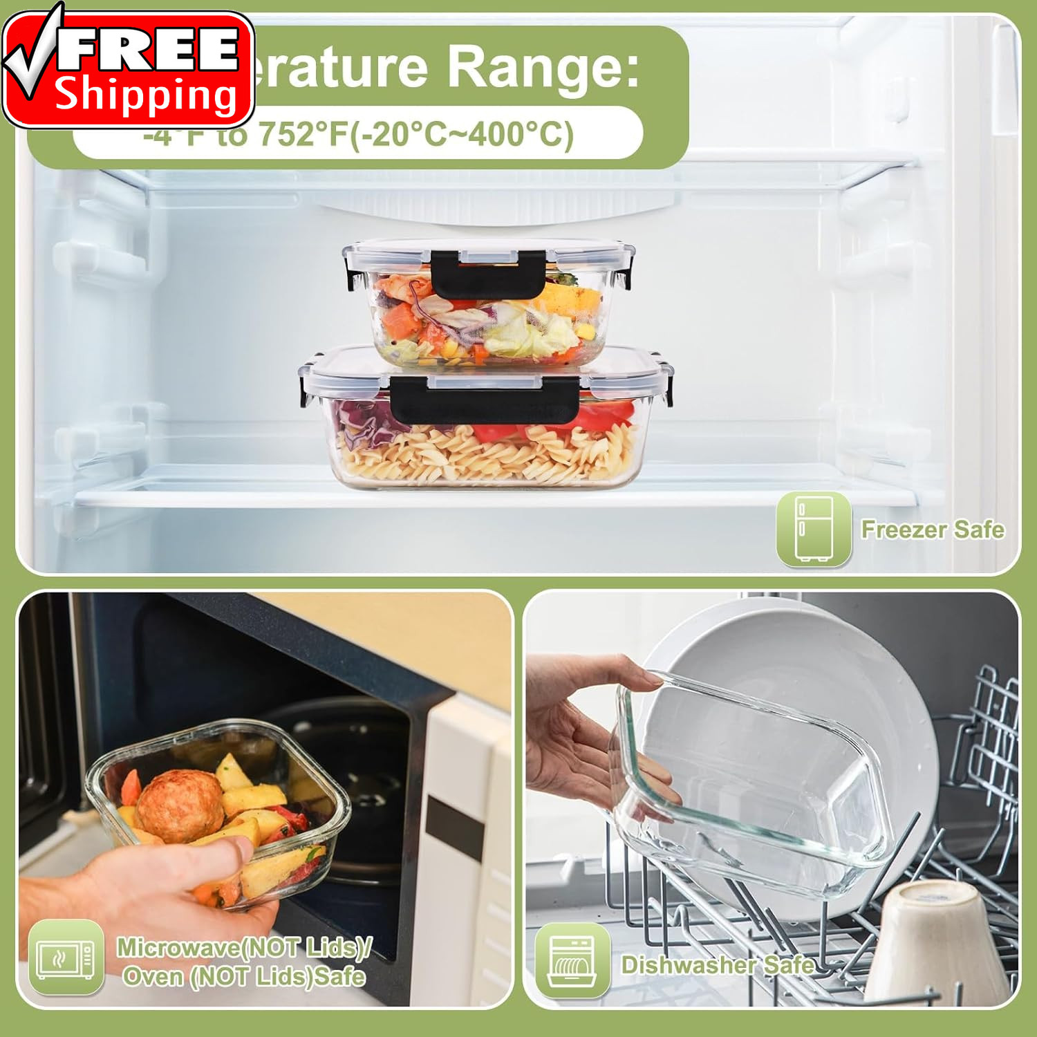 8 Pack Glass Food Storage Containers with Lids, Meal Prep Containers, Airtight B