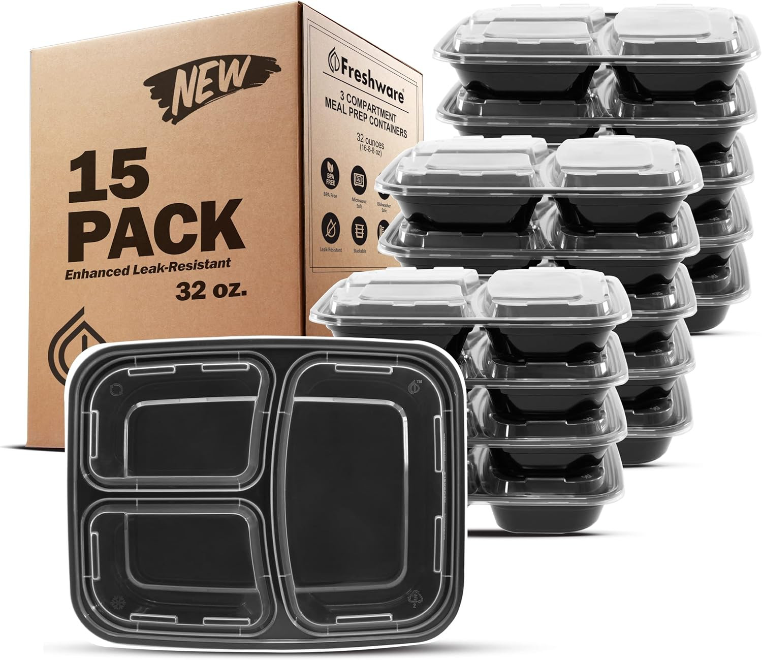 Freshware Meal Prep Containers [15 Pack] 3 Compartment with Lids, Food Container