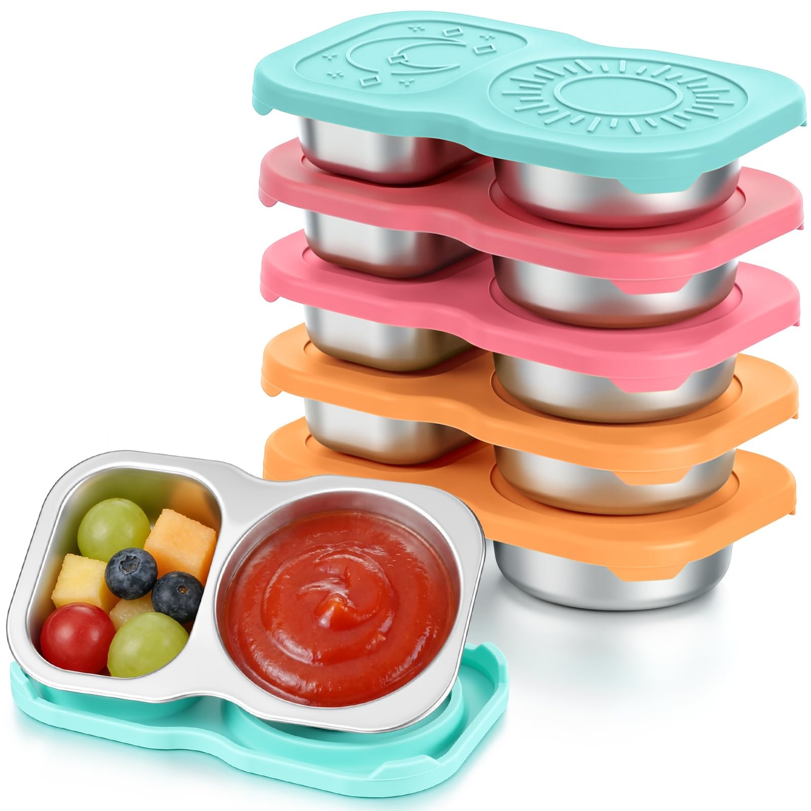 6 Pack Stainless Steel Snack Containers with Lid 5 oz 2 Compartment Condiment…
