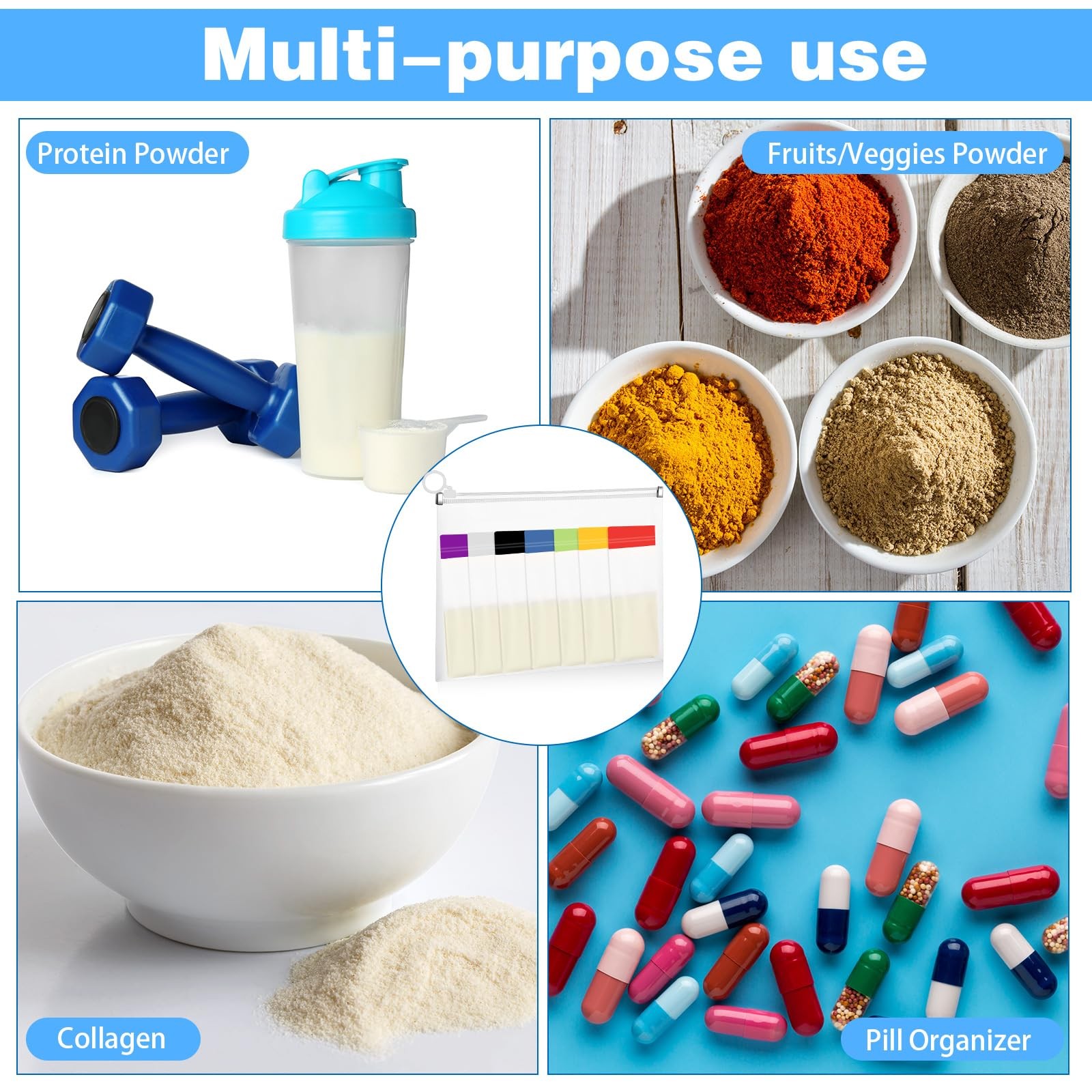 67pcs Protein Powder Travel Container Set 42 Single Dose Bags 6 Large Reusabl…