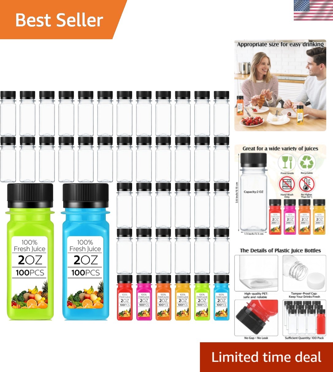 Durable 2oz Reusable Juice Bottles – 100 Pack – Airtight & Portable Containers