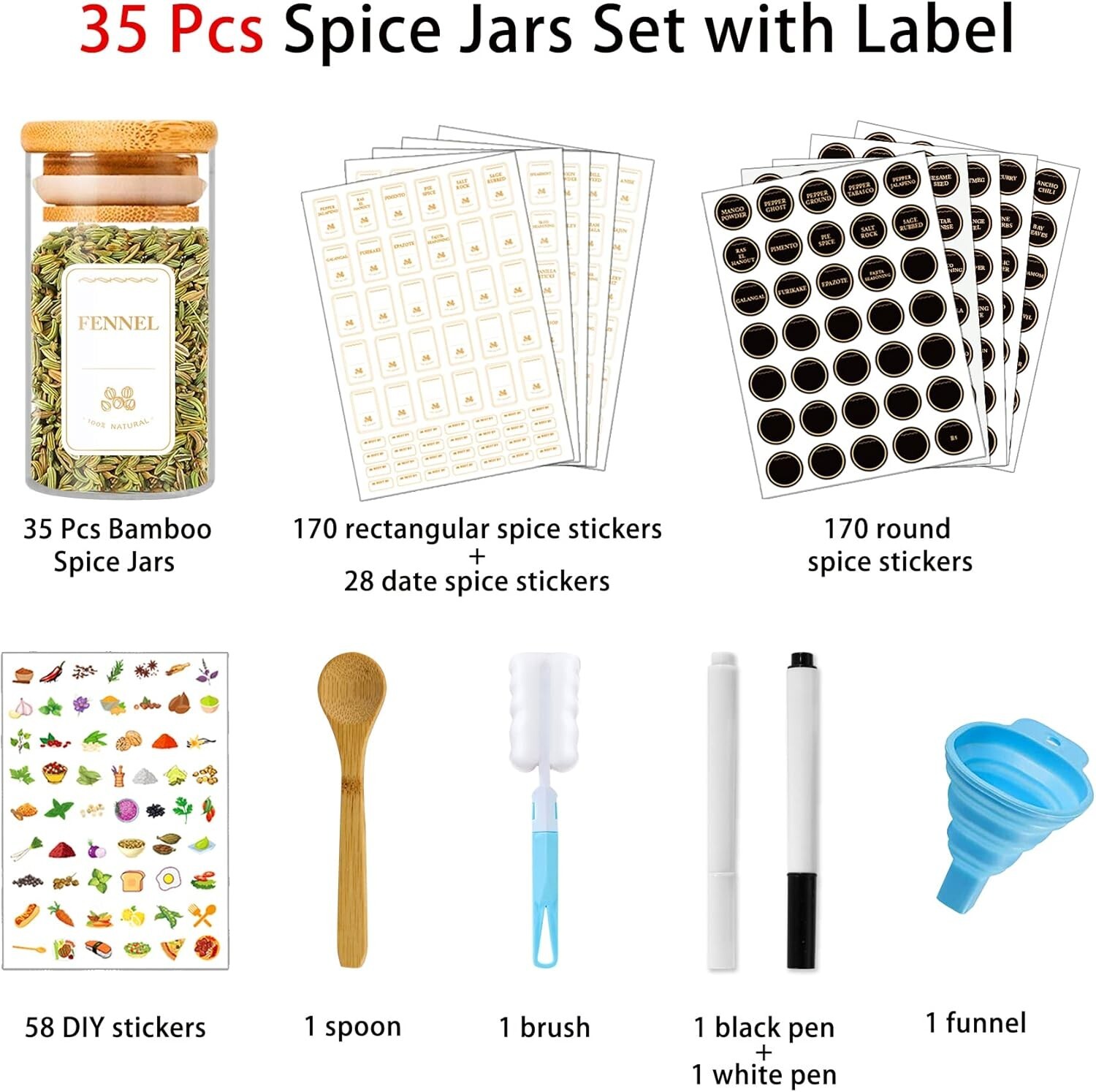 Spice Jars with Labels, 35 Pcs 4 oz Glass Spice Jars with Bamboo Lids