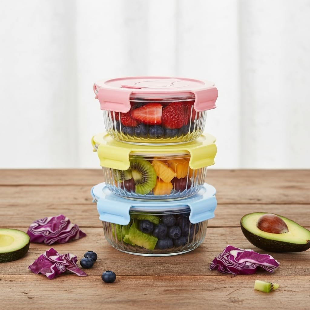 12Oz round Glass Food Storage Containers with Lids and Foldable Cutlery, 1.5 Cup